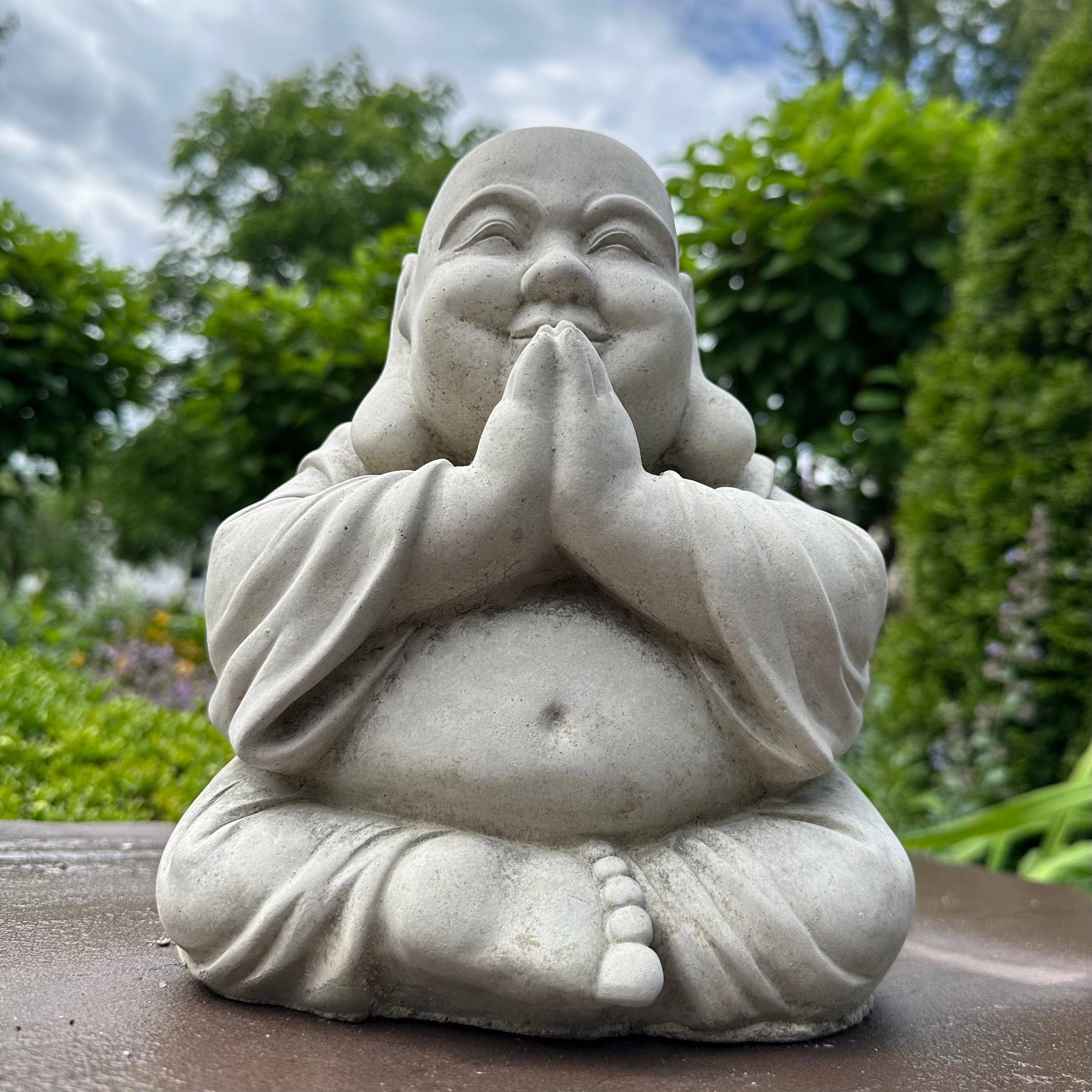 10 Inch Concrete Sitting Buddha Statue - Happy Praying Garden Sculpture for Outdoor Zen Space Meditation Decor