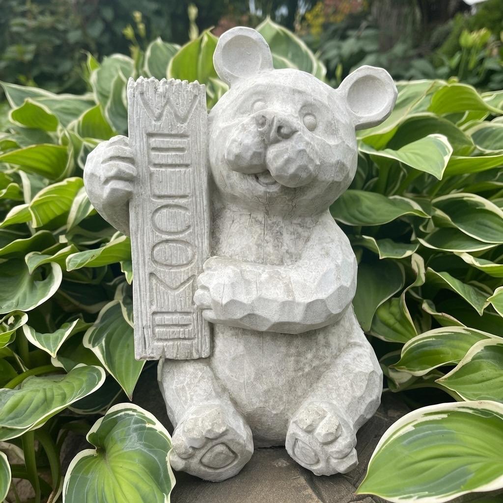 Concrete Garden Bear Statue with Welcome Sign 12 Inch Sitting Sculpture Yard Decor Lawn Ornament Animal Art Gift