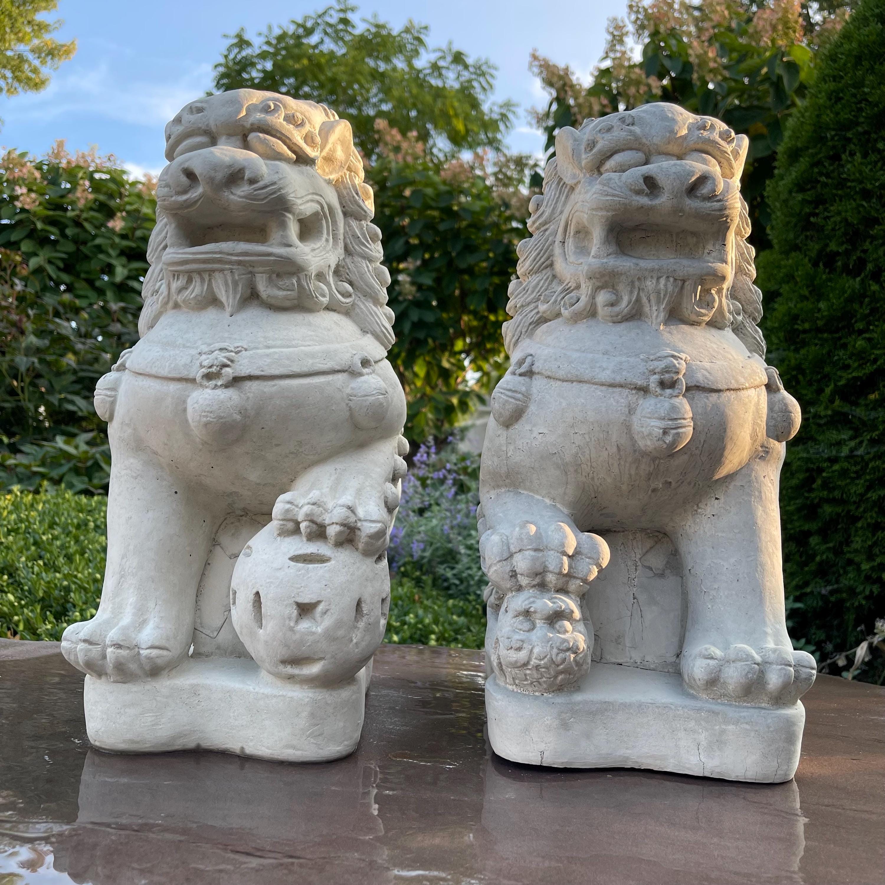 15.5 Concrete Foo Dog Statue Pair Male Female Feng Shui Garden Guardians Protection Outdoor Decor