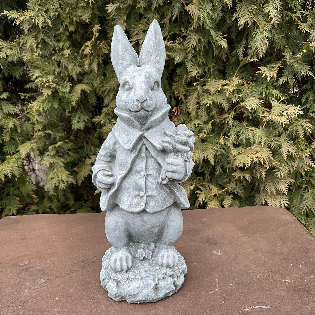Large Concrete Rabbit Statue 16 Inch Modern Garden Bunny Sculpture with Flowers Yard Art Lawn Ornament
