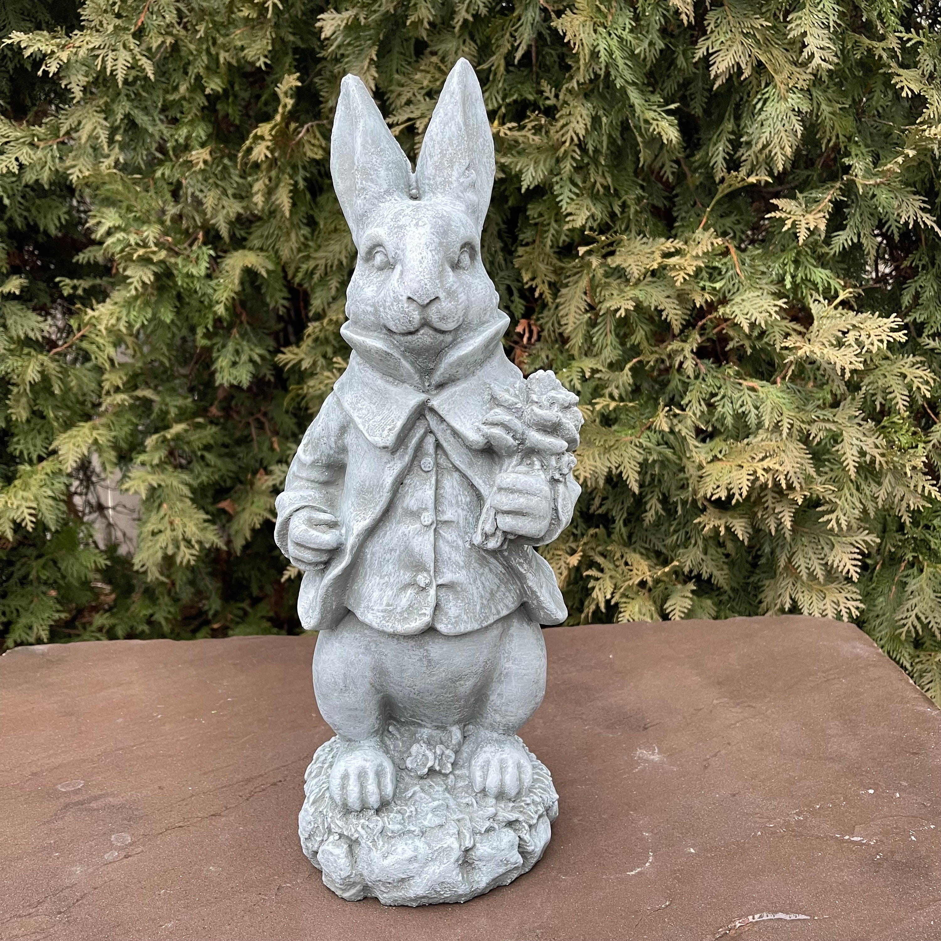 Large Concrete Rabbit Statue 16 Inch Modern Garden Bunny Sculpture with Flowers Yard Art Lawn Ornament