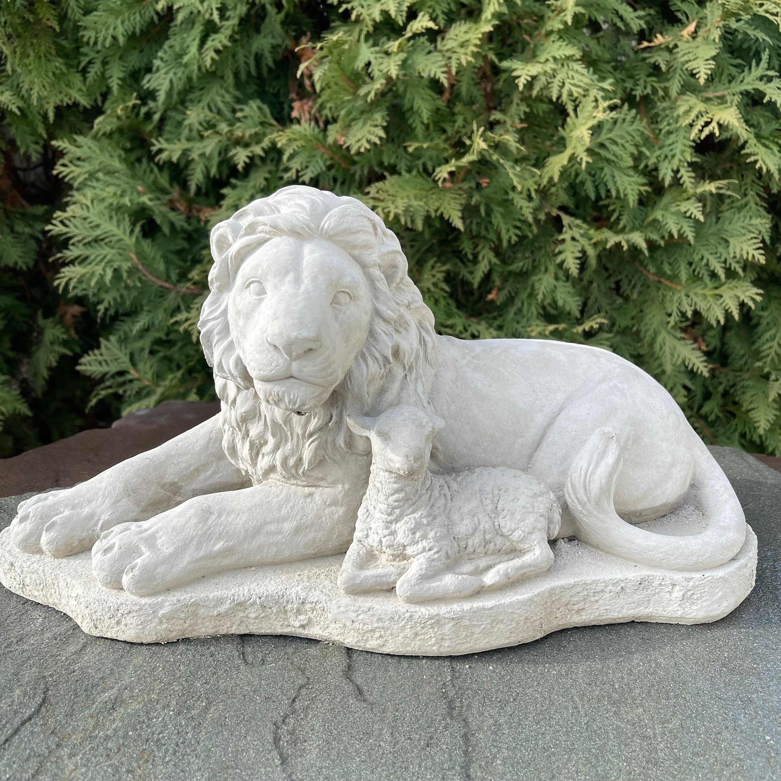 Biblical Lion Lamb Concrete Statue 15" Garden Sculpture Outdoor Religious Yard Decor Art