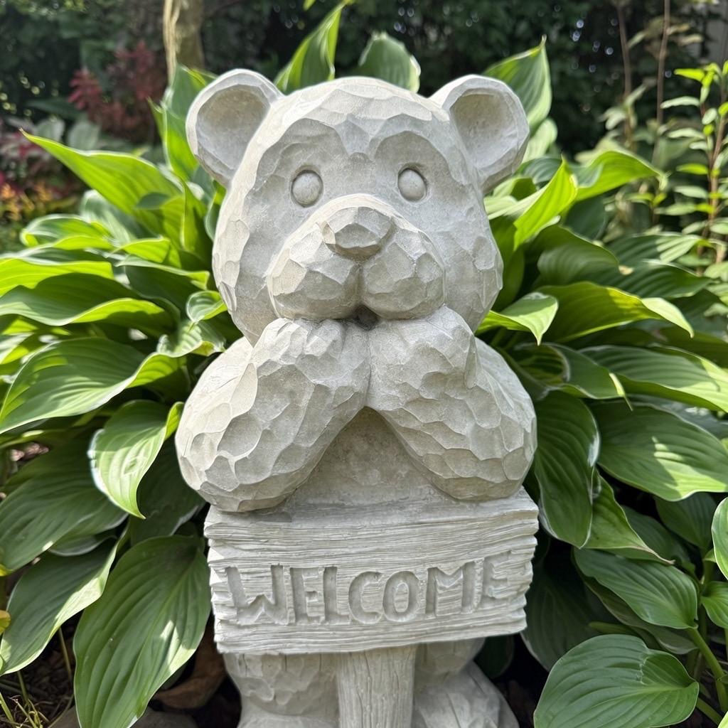 Concrete Bear Garden Statue with Welcome Sign - 17" Outdoor Decor