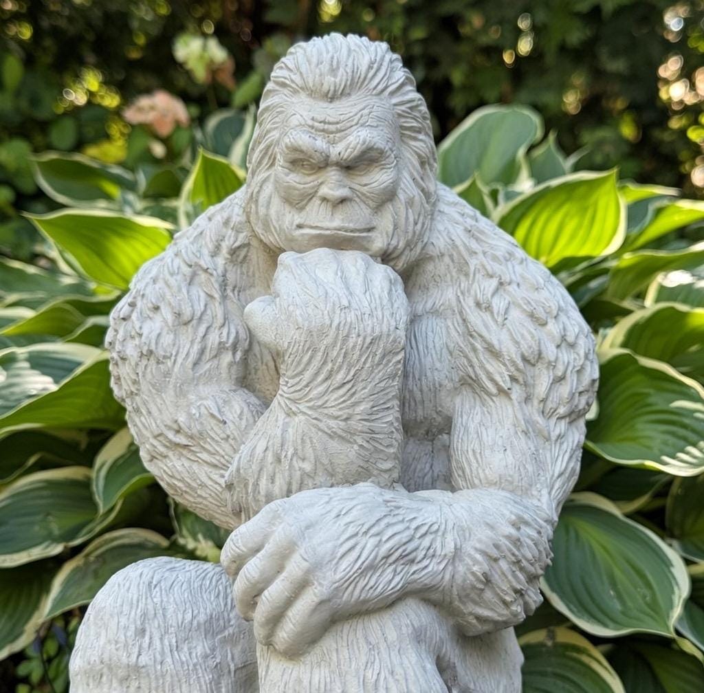 Concrete Bigfoot Statue: 12" Sitting Yeti Garden Sculpture in Thinker Pose, Outdoor Decor