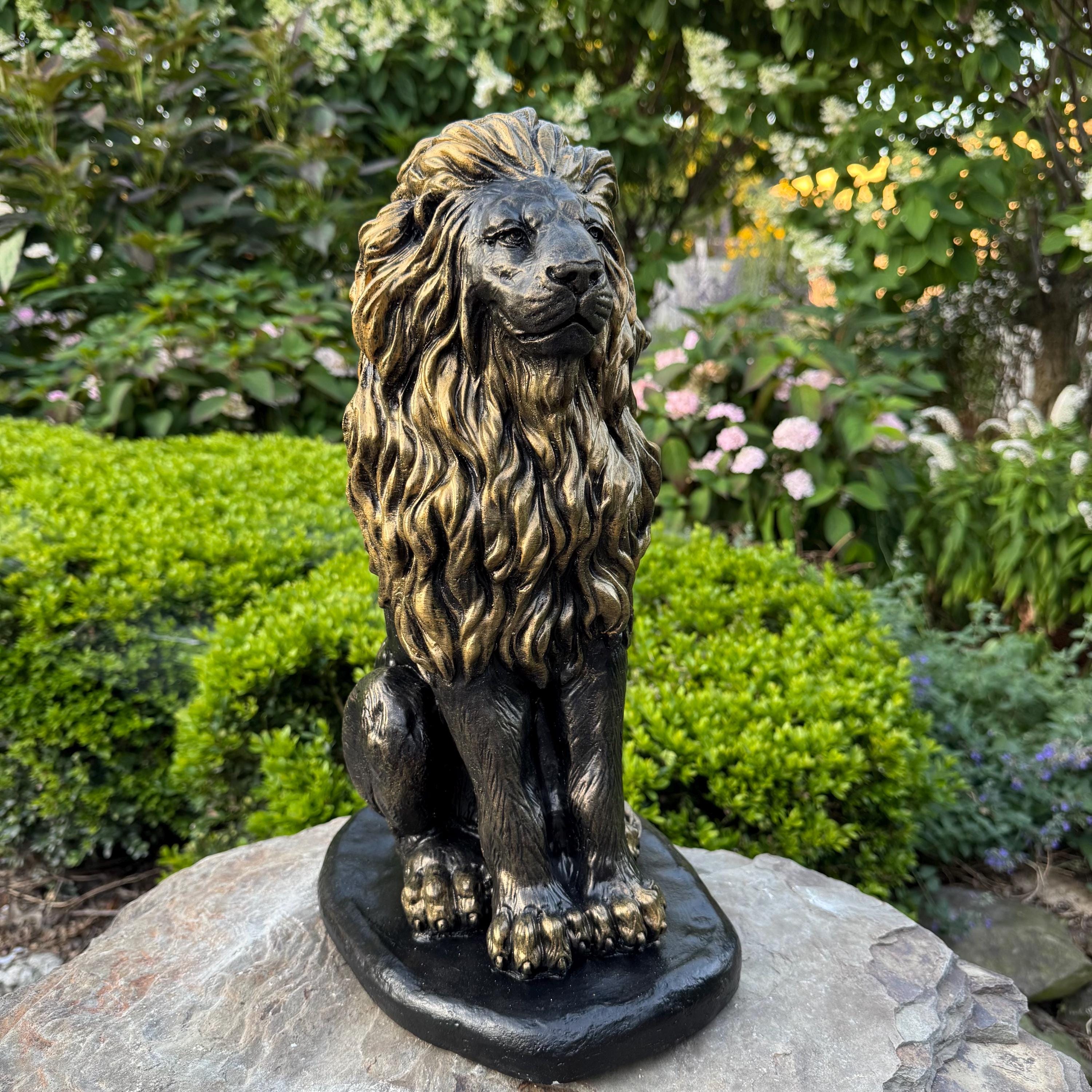 Lion Garden Statue: 16 Inch Concrete Patio Sculpture Outdoor Yard Decor Animal Art Ornament