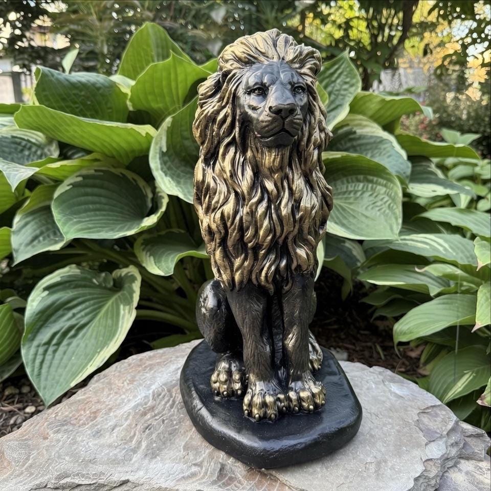 Lion Garden Statue: 16 Inch Concrete Patio Sculpture Outdoor Yard Decor Animal Art Ornament