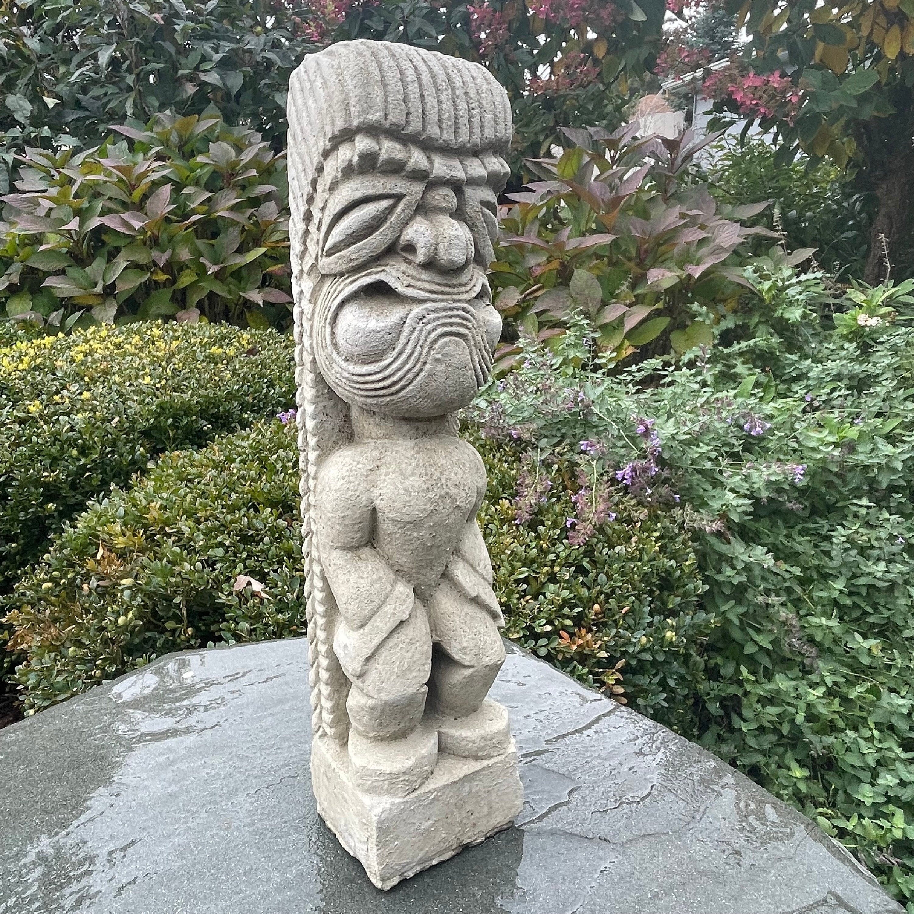 Tiki Garden Statue 15.5" Carved Concrete Polynesian Totem Pole Patio Bar Decor Yard Art Lawn Ornament Sculpture
