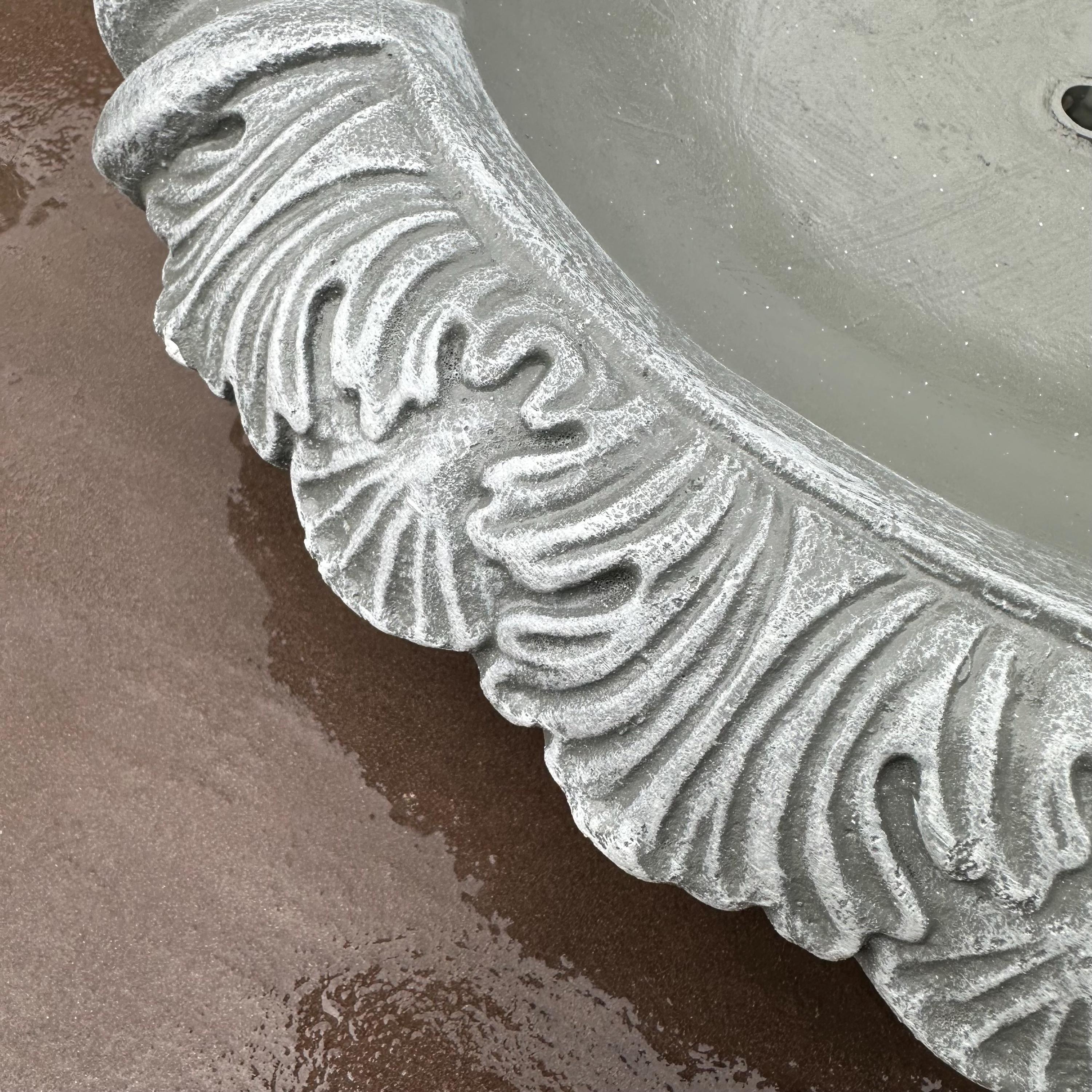 Concrete Fountain Bowl Top: 19" Leafy Garden Water Feature, Painted Cement Topper