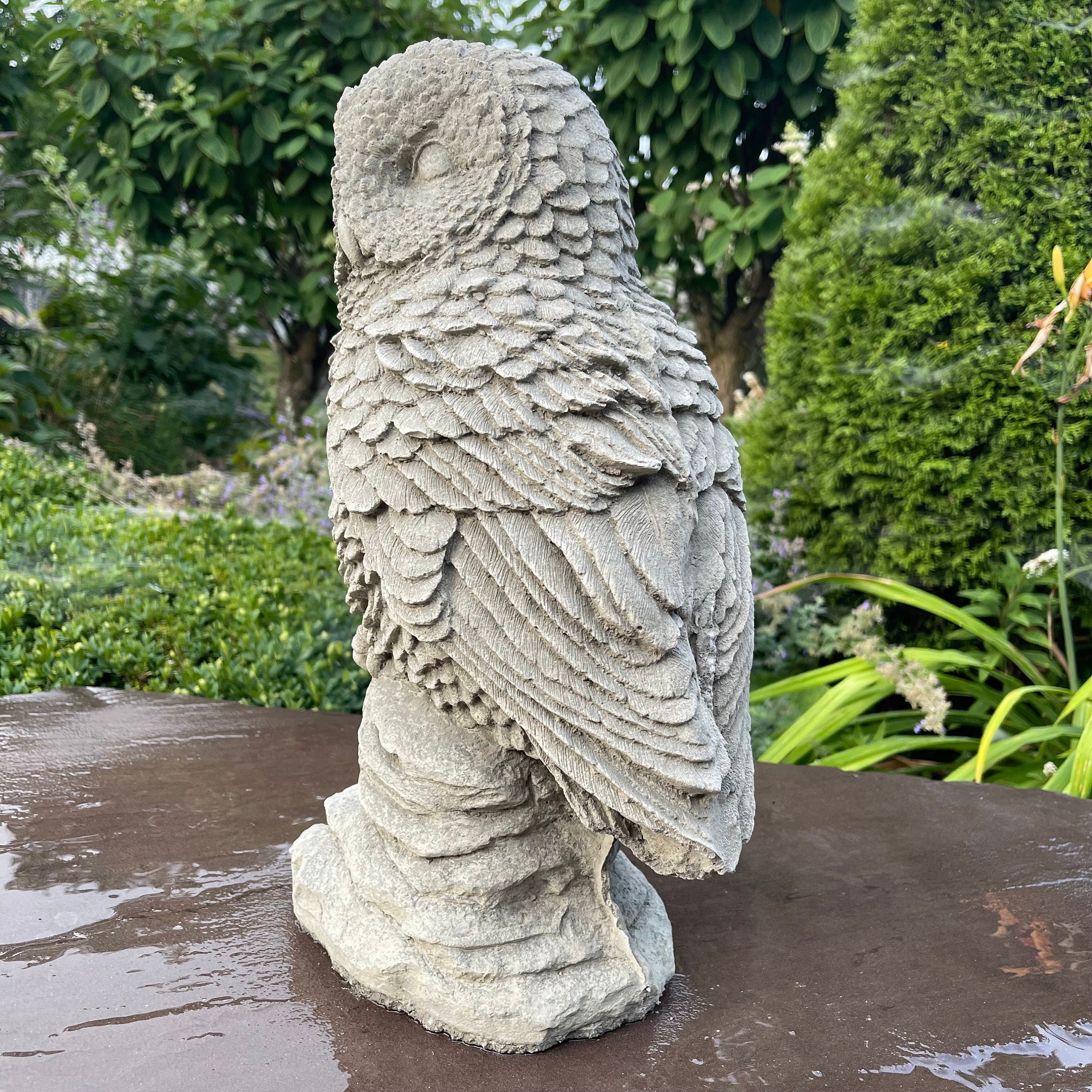 Handmade 16 Inch Concrete Owl Garden Statue Bird Sculpture Yard Decor Lawn Ornament Nature Art Gift