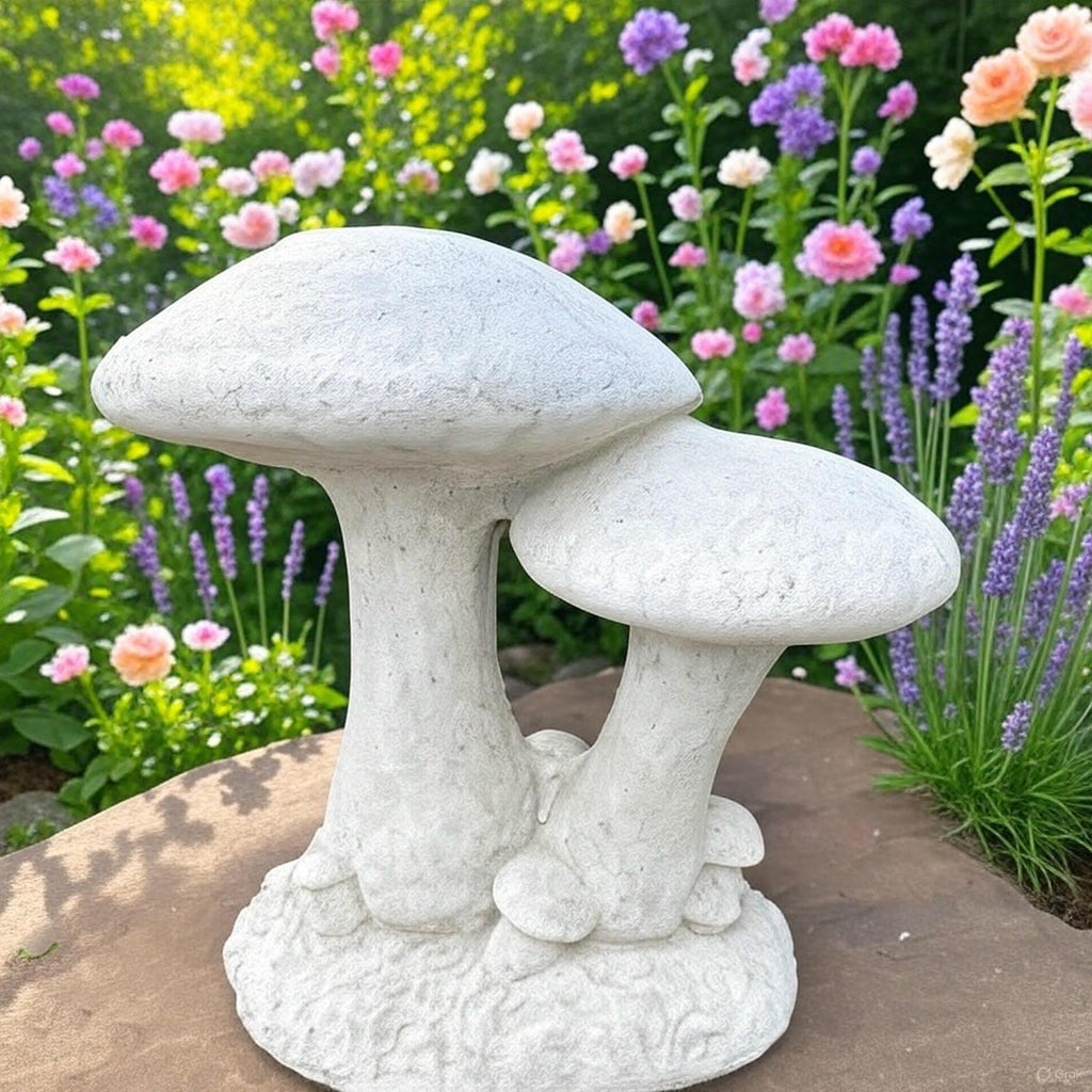 Large Concrete Mushroom Statue: 16 Inch Double Garden Sculpture for Outdoor Yard Decor - Fungus Art Ornament