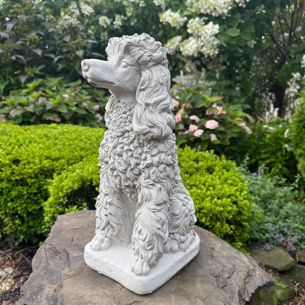 Handcrafted Concrete Poodle Garden Memorial Statue, 15 Inch Dog Sculpture