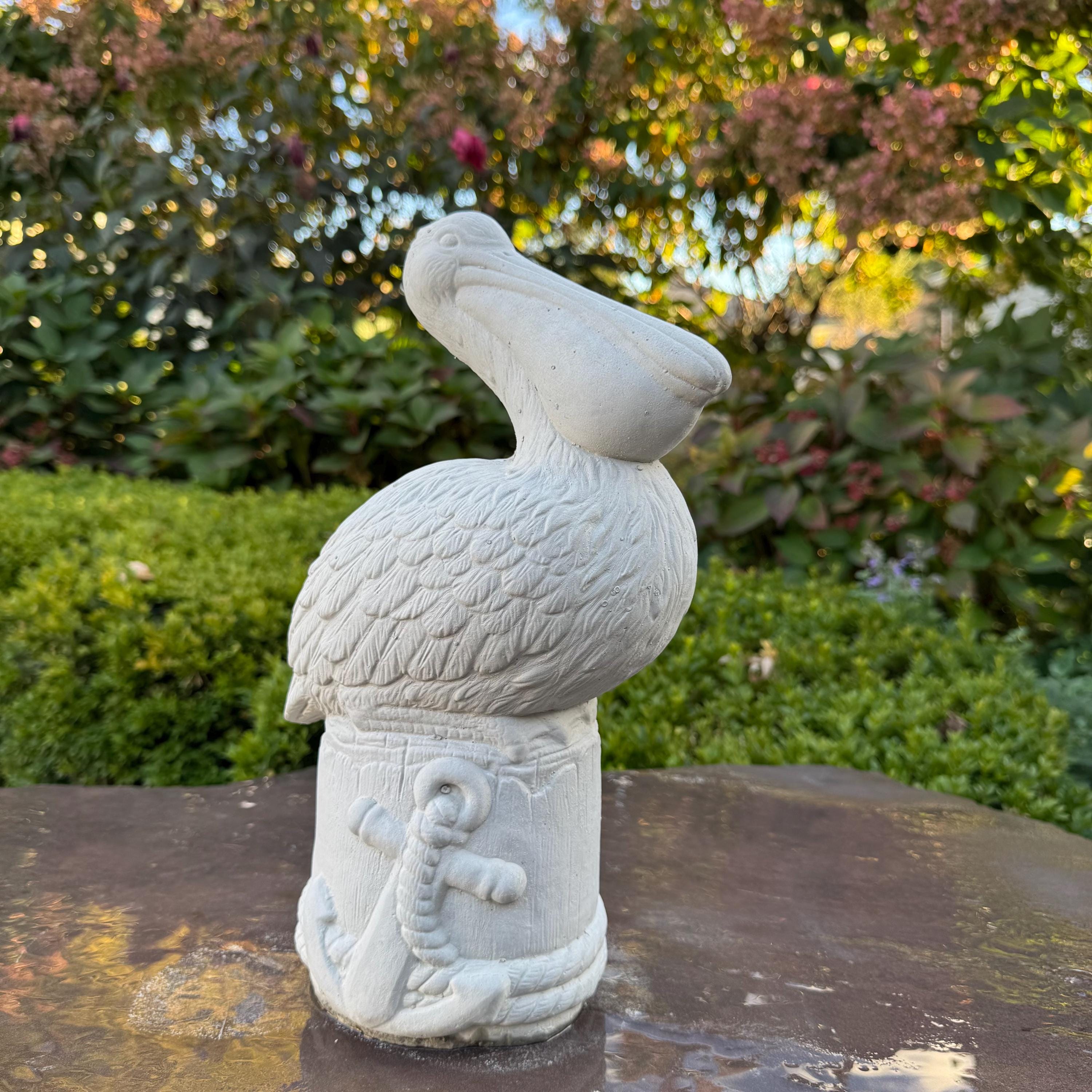 Small Concrete Pelican Garden Statue 13.5" Miniature Bird Sculpture Patio Planter Decor