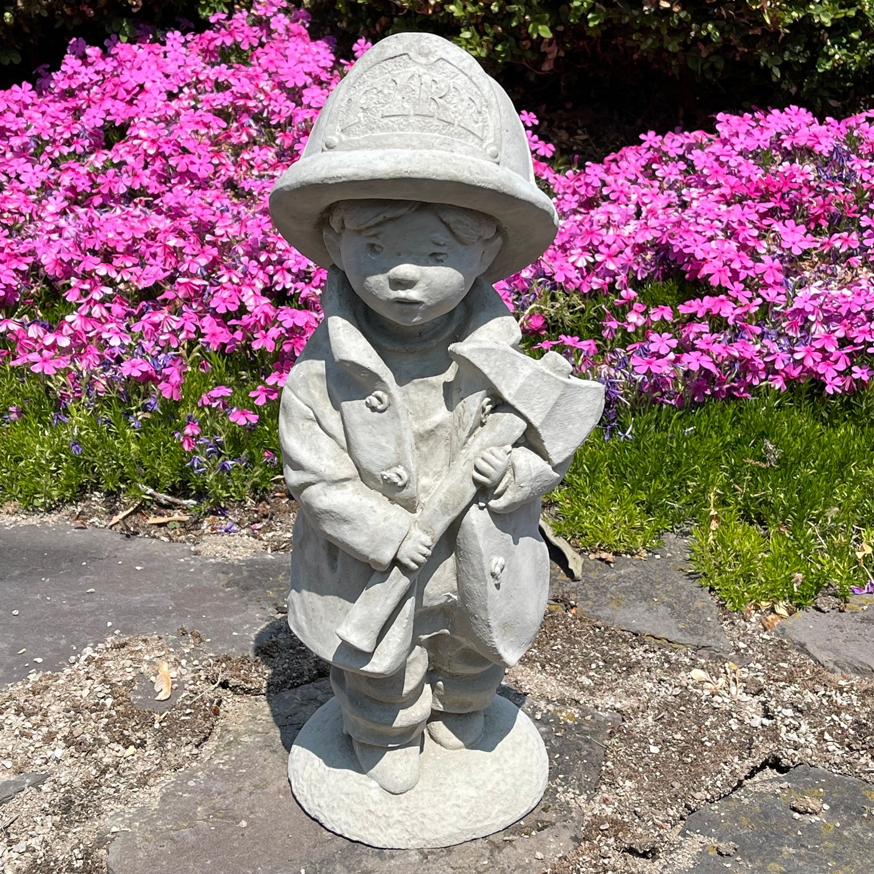 18 Inch Concrete Fireman Garden Statue - Fire Boy Sculpture Yard Art Decor Lawn Ornament Firefighter Gift