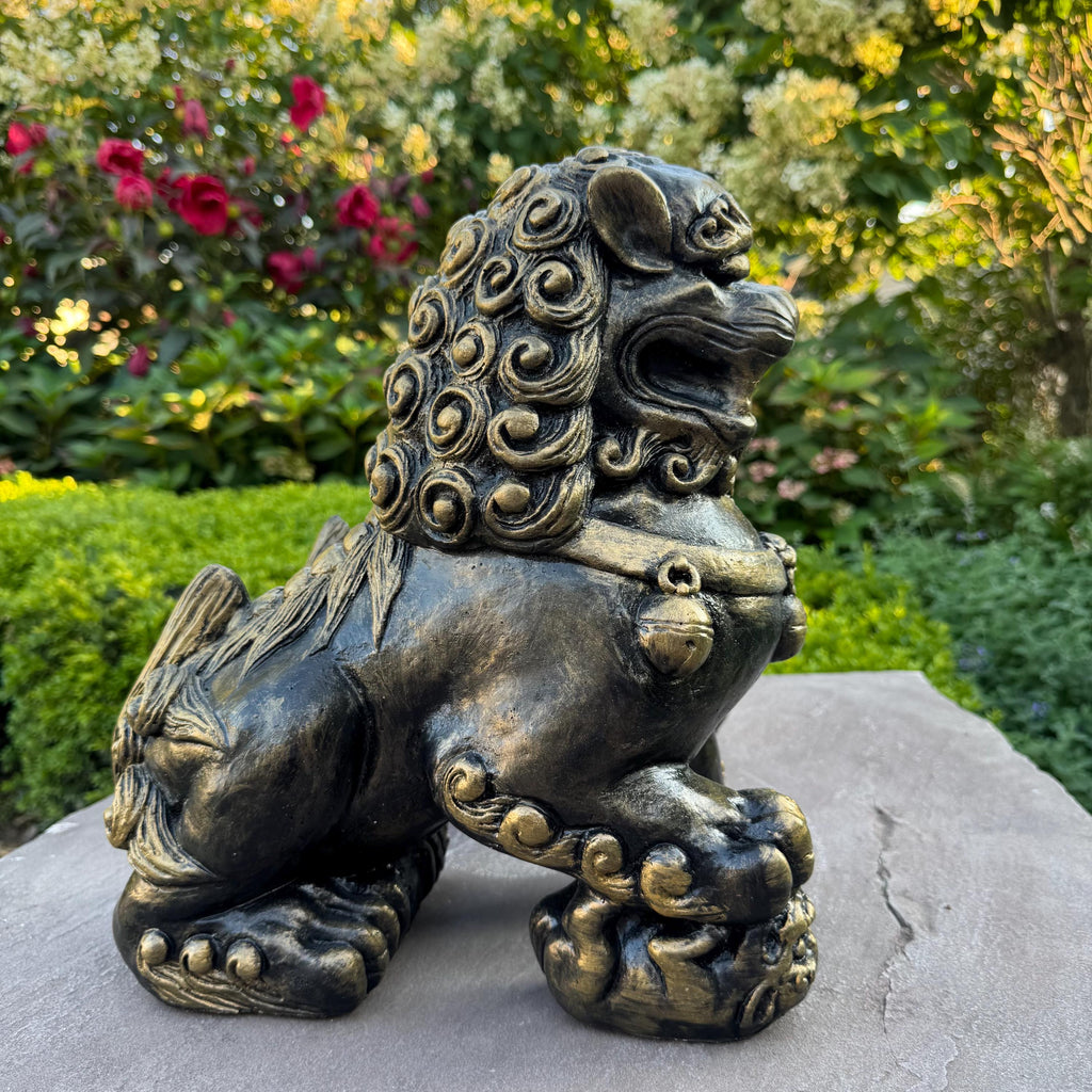 Concrete Foo Dog Statue Pair 14" Male Female Feng Shui Outdoor Garden Guardians Chinese Lion Sculptures Yard Decor