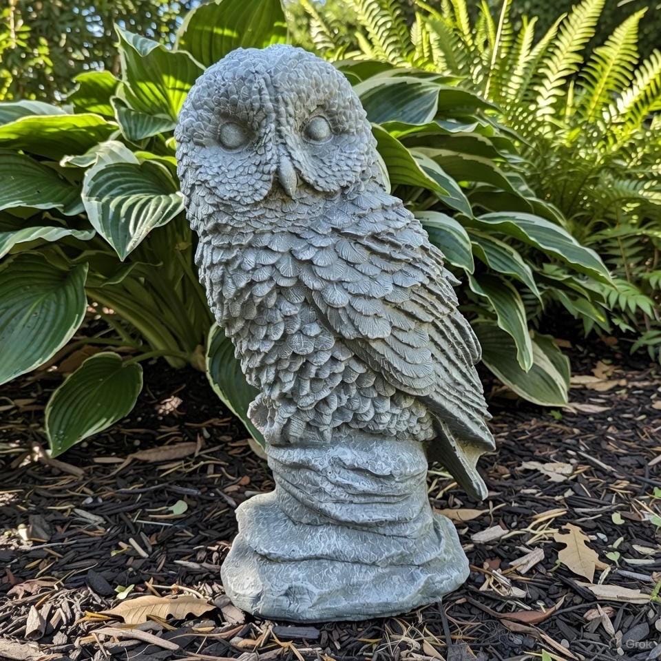 Large Concrete Owl Garden Statue 16 Inch Rustic Outdoor Yard Sculpture Animal Lawn Ornament