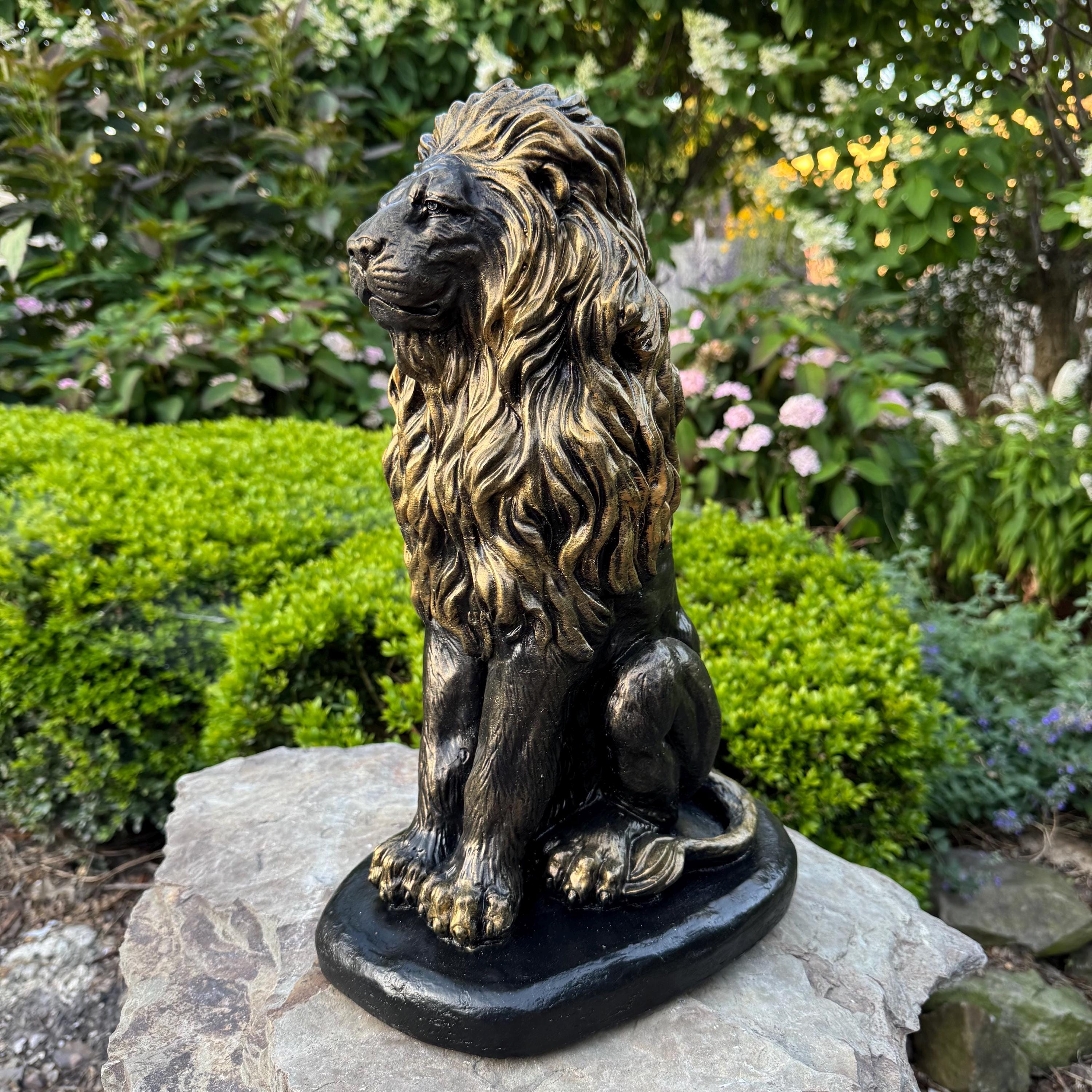 Lion Garden Statue: 16 Inch Concrete Patio Sculpture Outdoor Yard Decor Animal Art Ornament