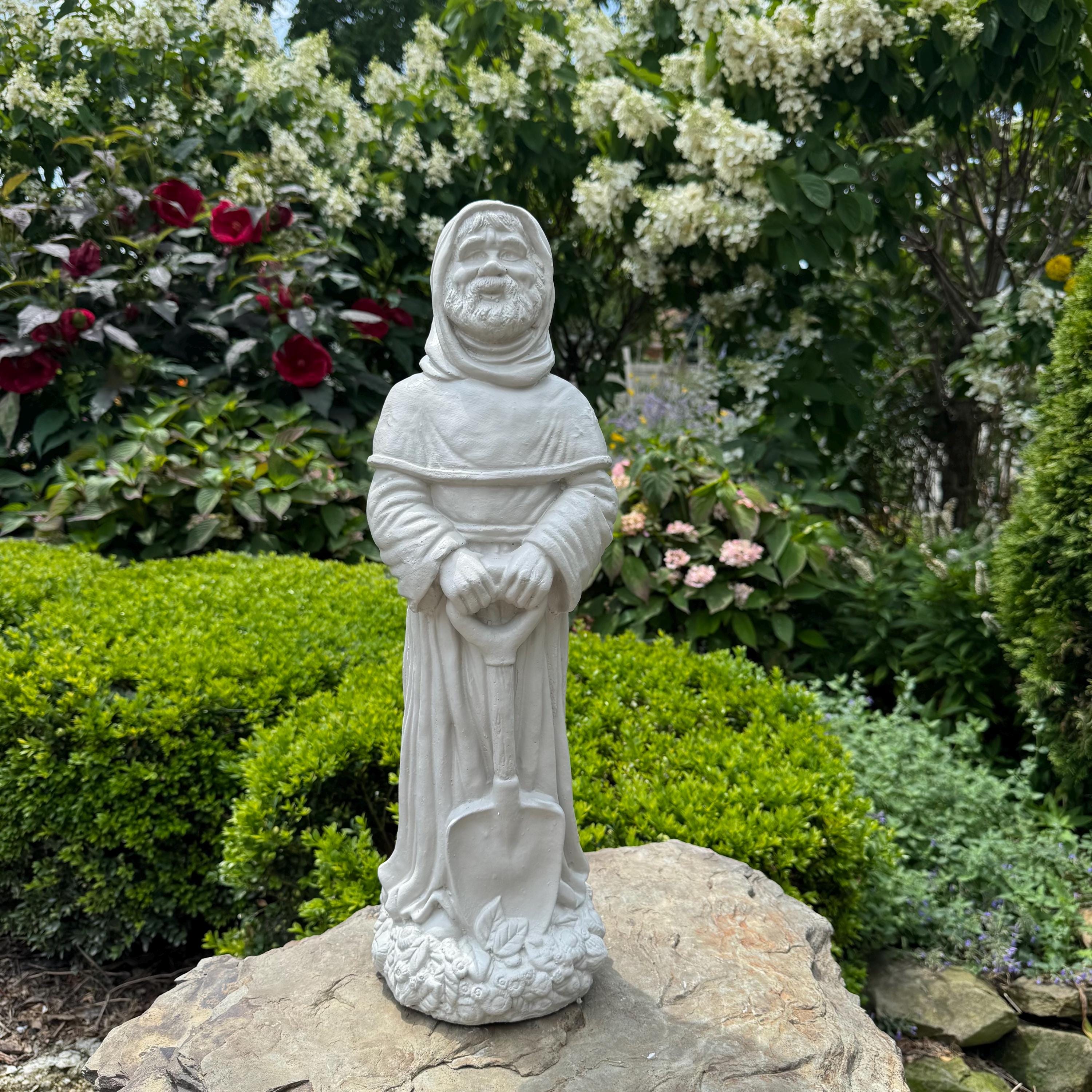 Saint Fiacre 22" Concrete Garden Statue - Patron of Gardeners Religious Catholic Sculpture Yard Art Gift