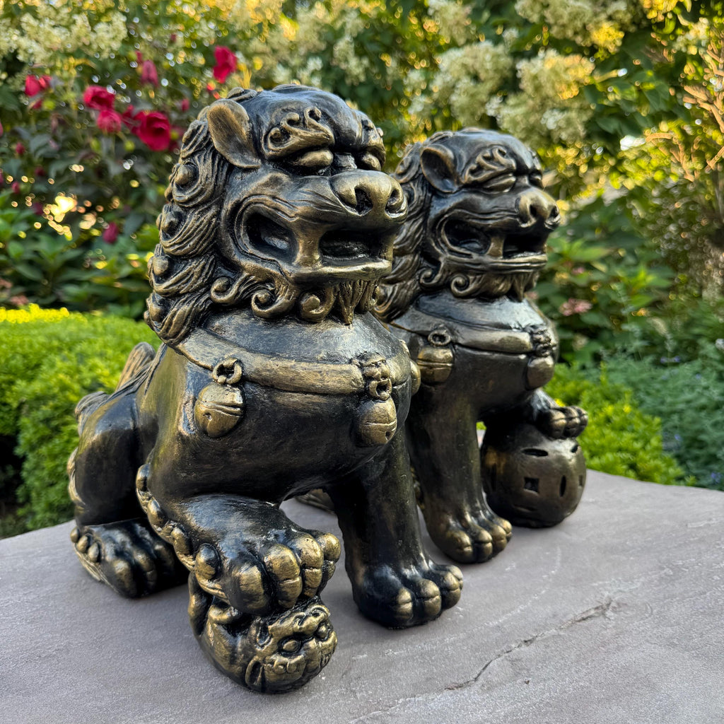 Concrete Foo Dog Statue Pair 14" Male Female Feng Shui Outdoor Garden Guardians Chinese Lion Sculptures Yard Decor