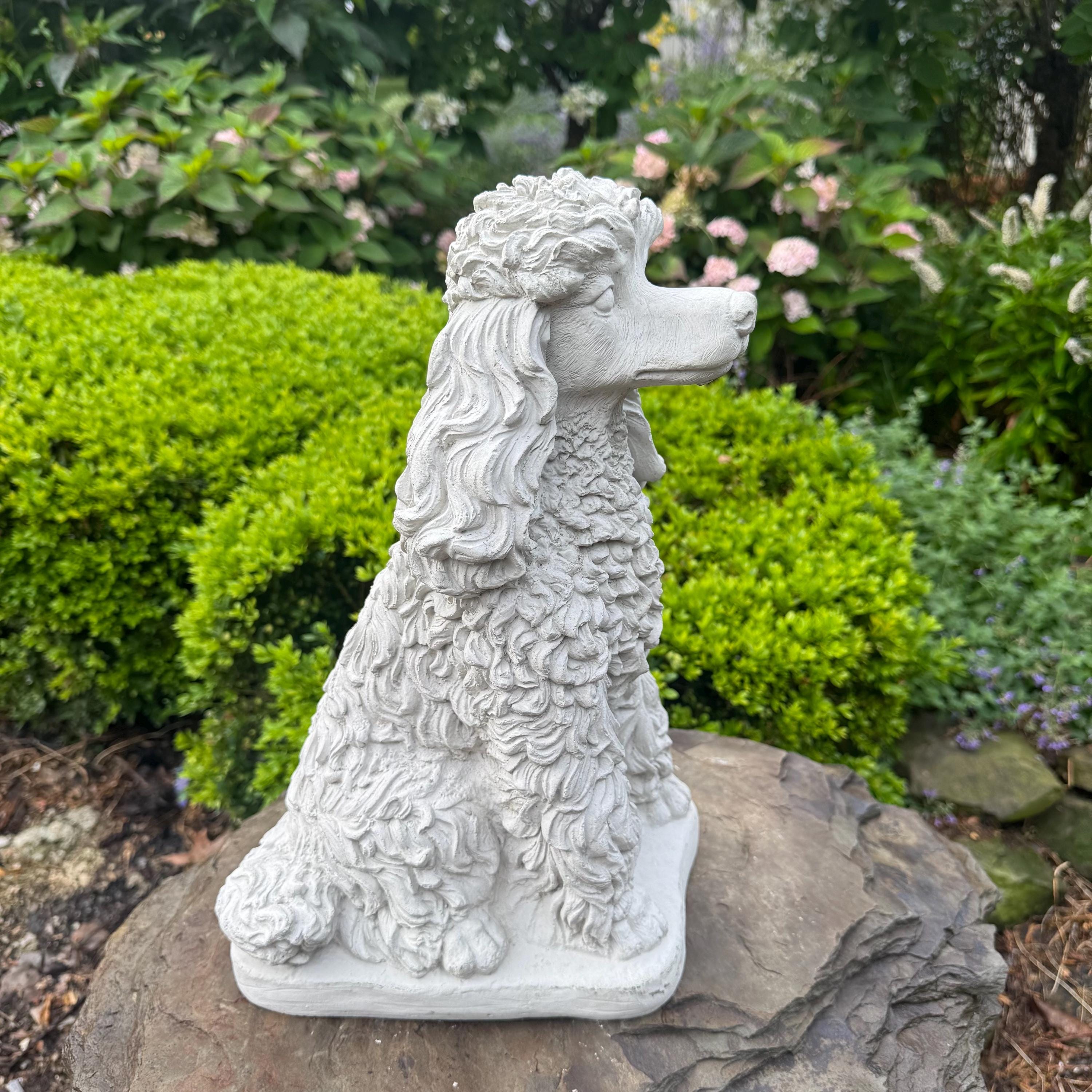 Handcrafted Concrete Poodle Garden Memorial Statue, 15 Inch Dog Sculpture