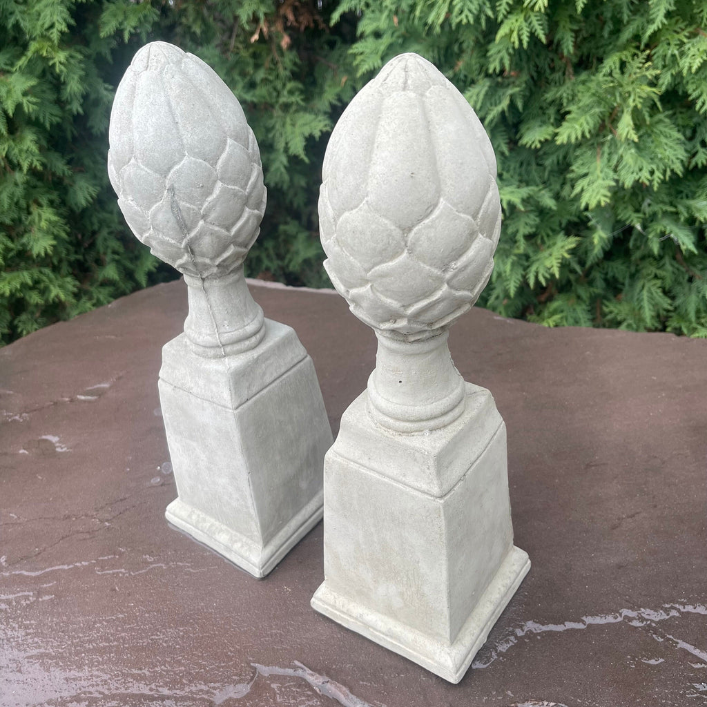 Artichoke Finial Statues Set of 2: 14" Concrete Garden Sculptures for Yard Decor & Landscaping