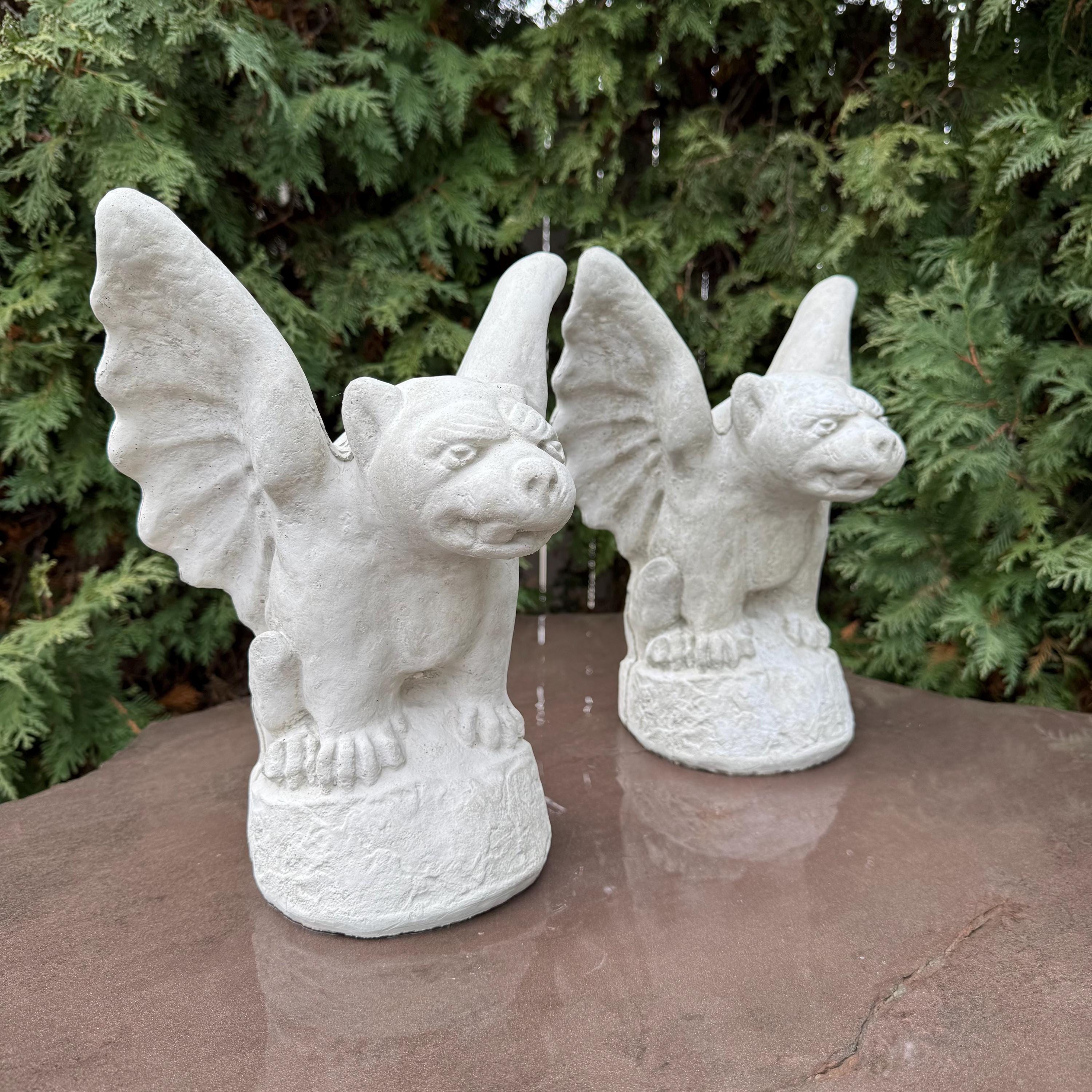 Gothic Gargoyle Garden Statue Pair 13" Concrete Halloween Yard Decor Winged Sculpture Ornament Gift