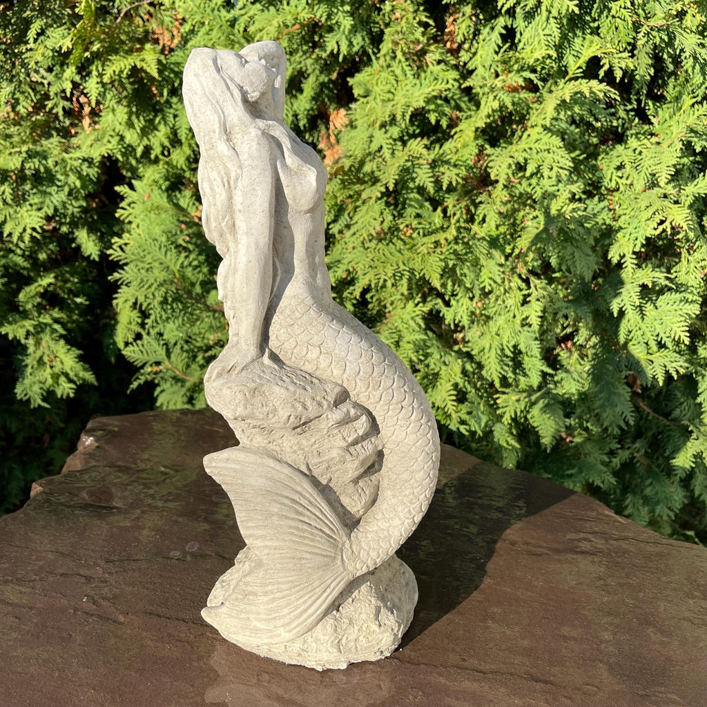 15 inch Concrete Mermaid Sculpture: Coastal Garden Statue Decor Ocean Themed Yard Art Lawn Ornament Gift