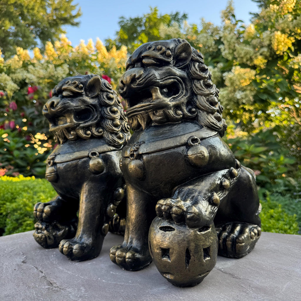 Concrete Foo Dog Statue Pair 14" Male Female Feng Shui Outdoor Garden Guardians Chinese Lion Sculptures Yard Decor