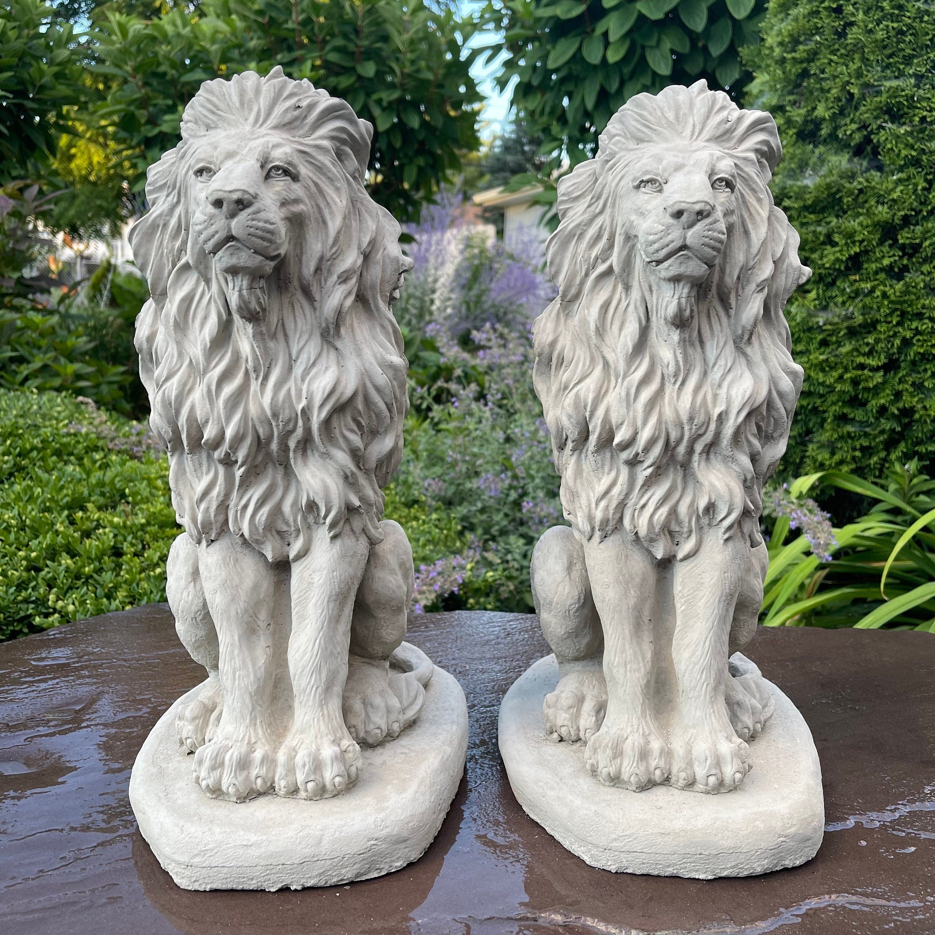 Concrete Lion Statues 16.5 Inch Garden Guardians Matched Pair Cement Sculptures Yard Decor Outdoor Ornaments