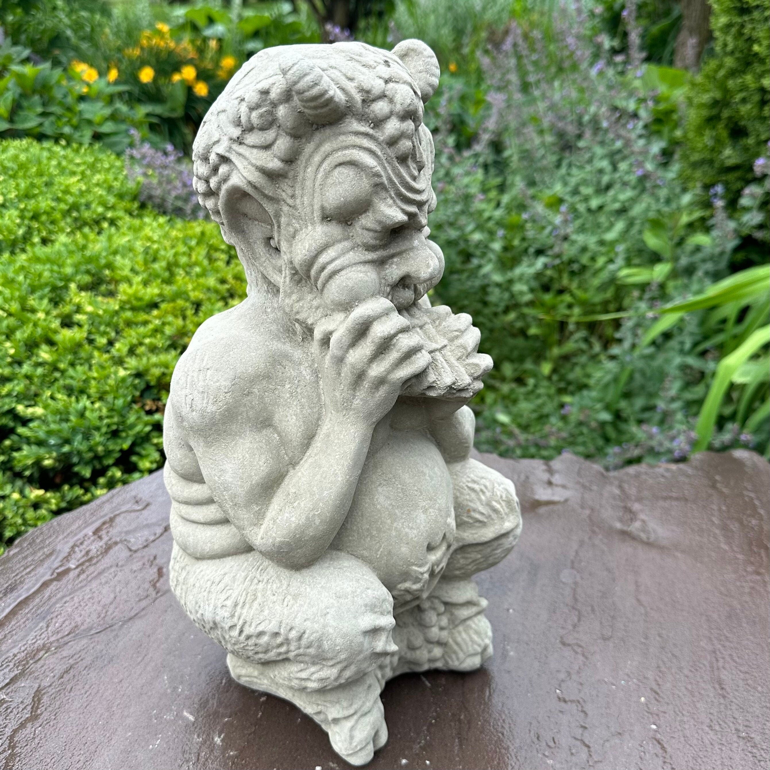 Concrete Pan Garden Statue 14 inch Mythical Satyr Sculpture Flute Player Yard Art Greek Mythology Lawn Ornament