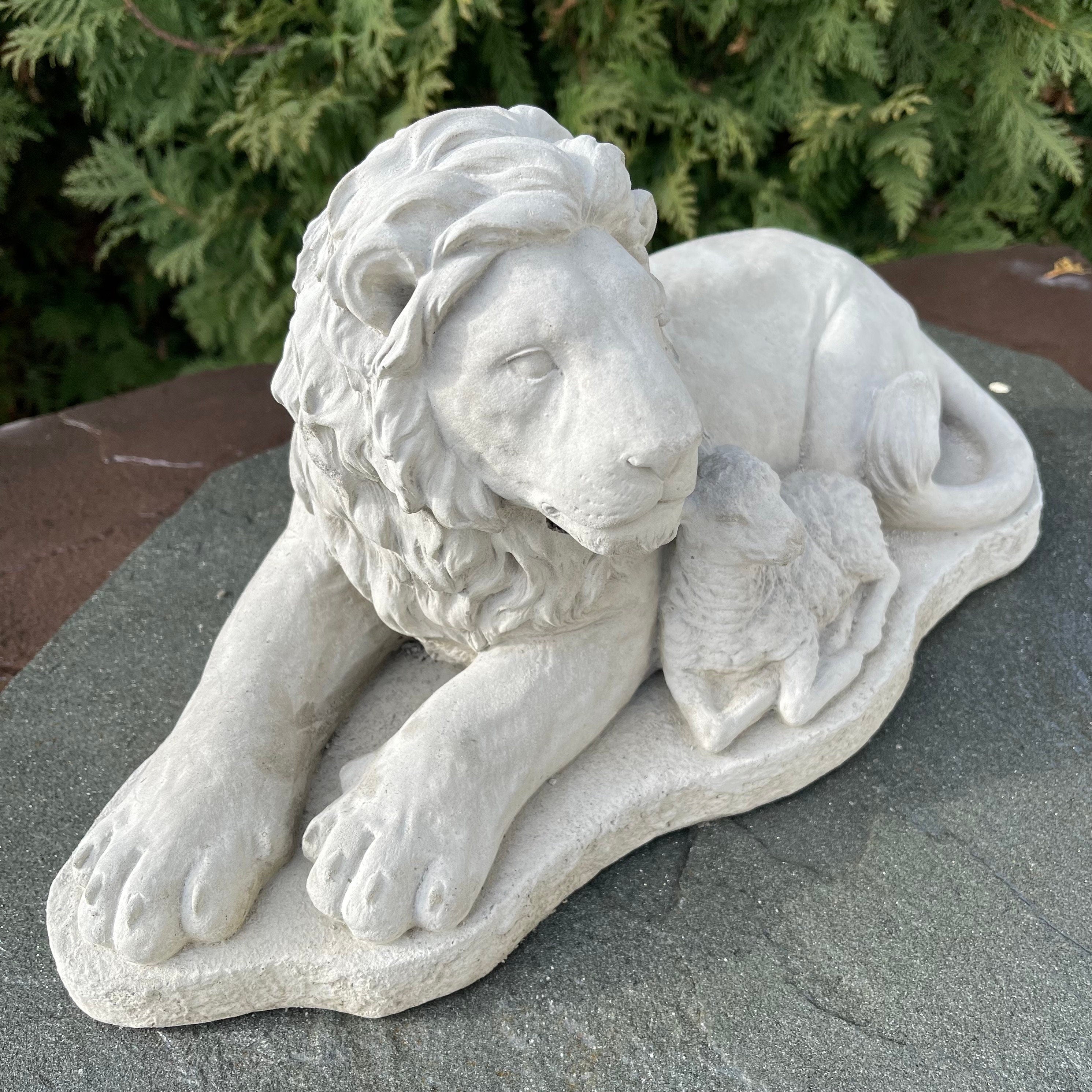 Biblical Lion Lamb Concrete Statue 15" Garden Sculpture Outdoor Religious Yard Decor Art