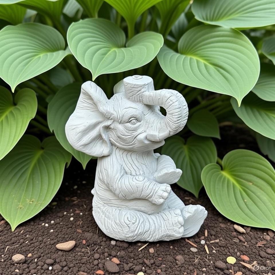 Concrete Elephant Garden Fountain Spout - 10 Inch Painted Water Feature Outdoor Statue Spitter