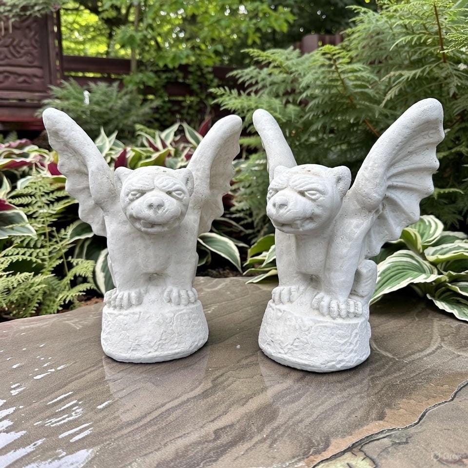 Gothic Gargoyle Garden Statue Pair 13" Concrete Halloween Yard Decor Winged Sculpture Ornament Gift