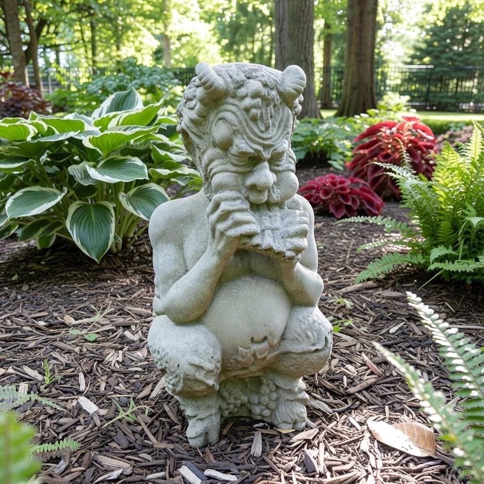 Concrete Pan Garden Statue 14 inch Mythical Satyr Sculpture Flute Player Yard Art Greek Mythology Lawn Ornament