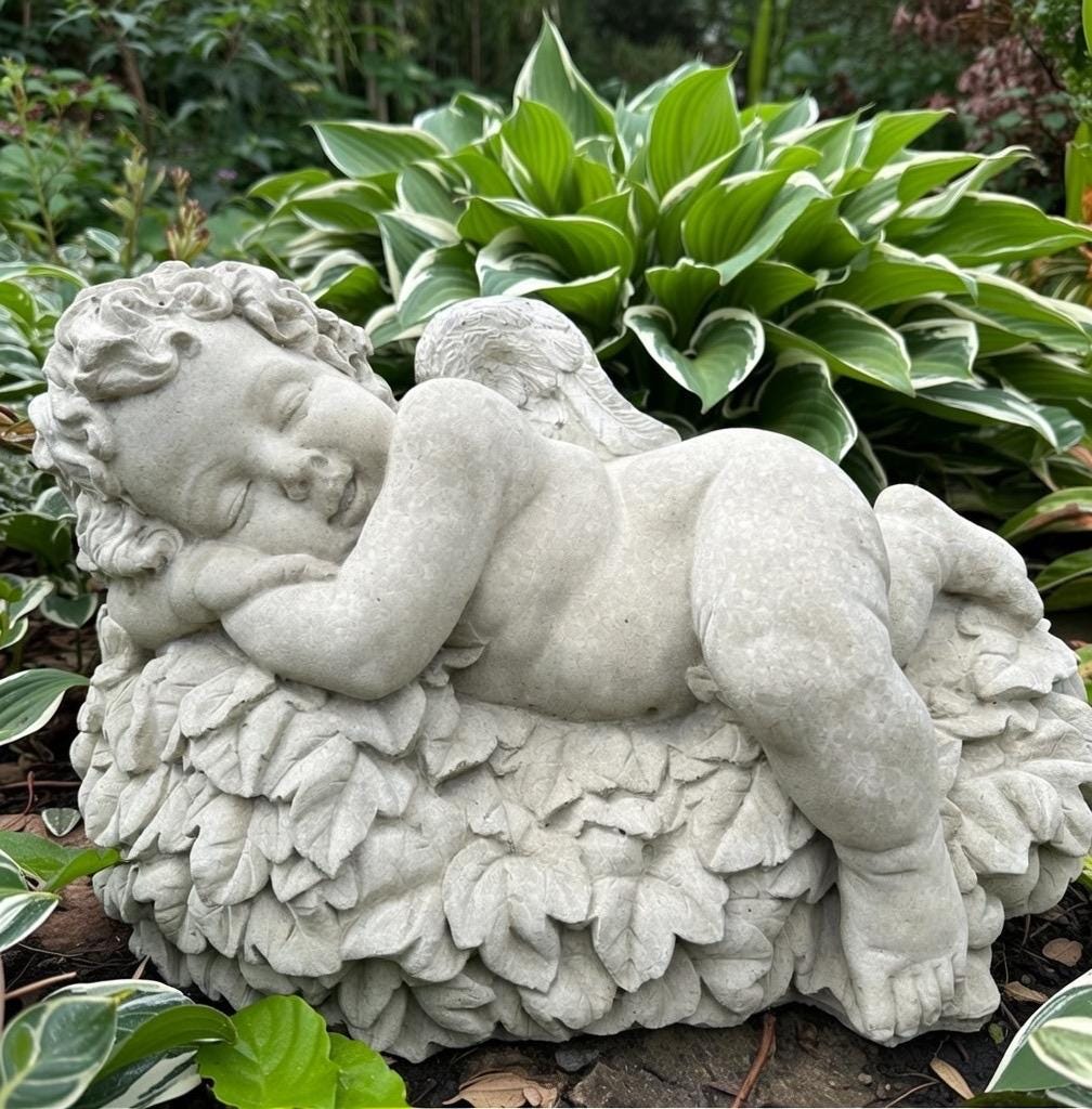 Large Concrete Sleeping Angel Statue on Leaves 17 inch Garden Sculpture Outdoor Memorial Yard Decor