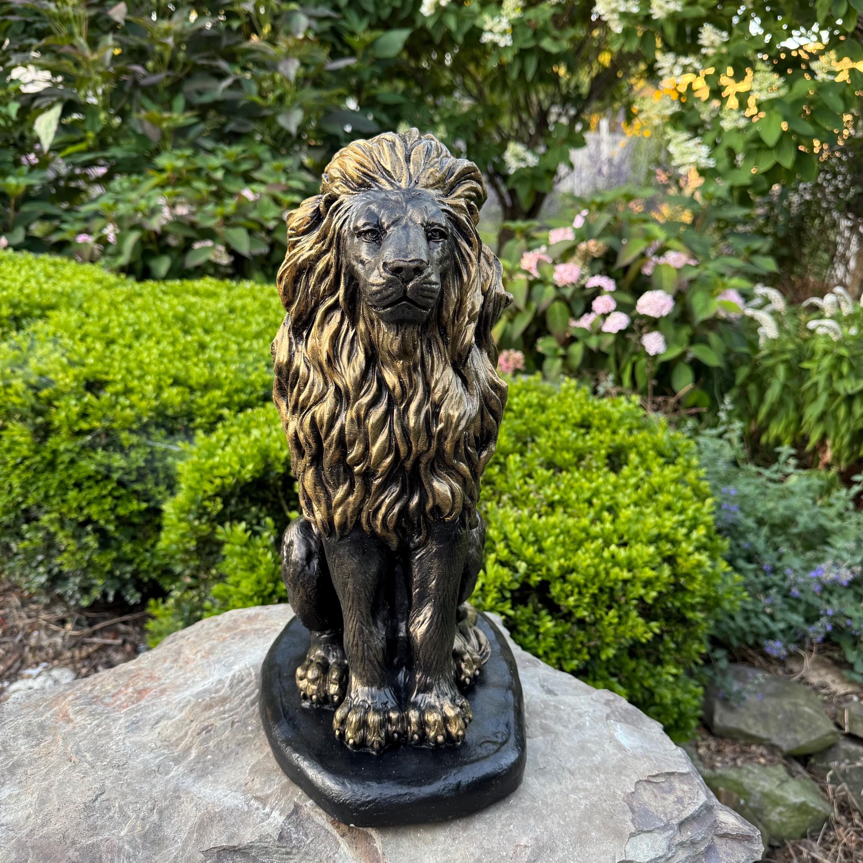 Lion Garden Statue: 16 Inch Concrete Patio Sculpture Outdoor Yard Decor Animal Art Ornament