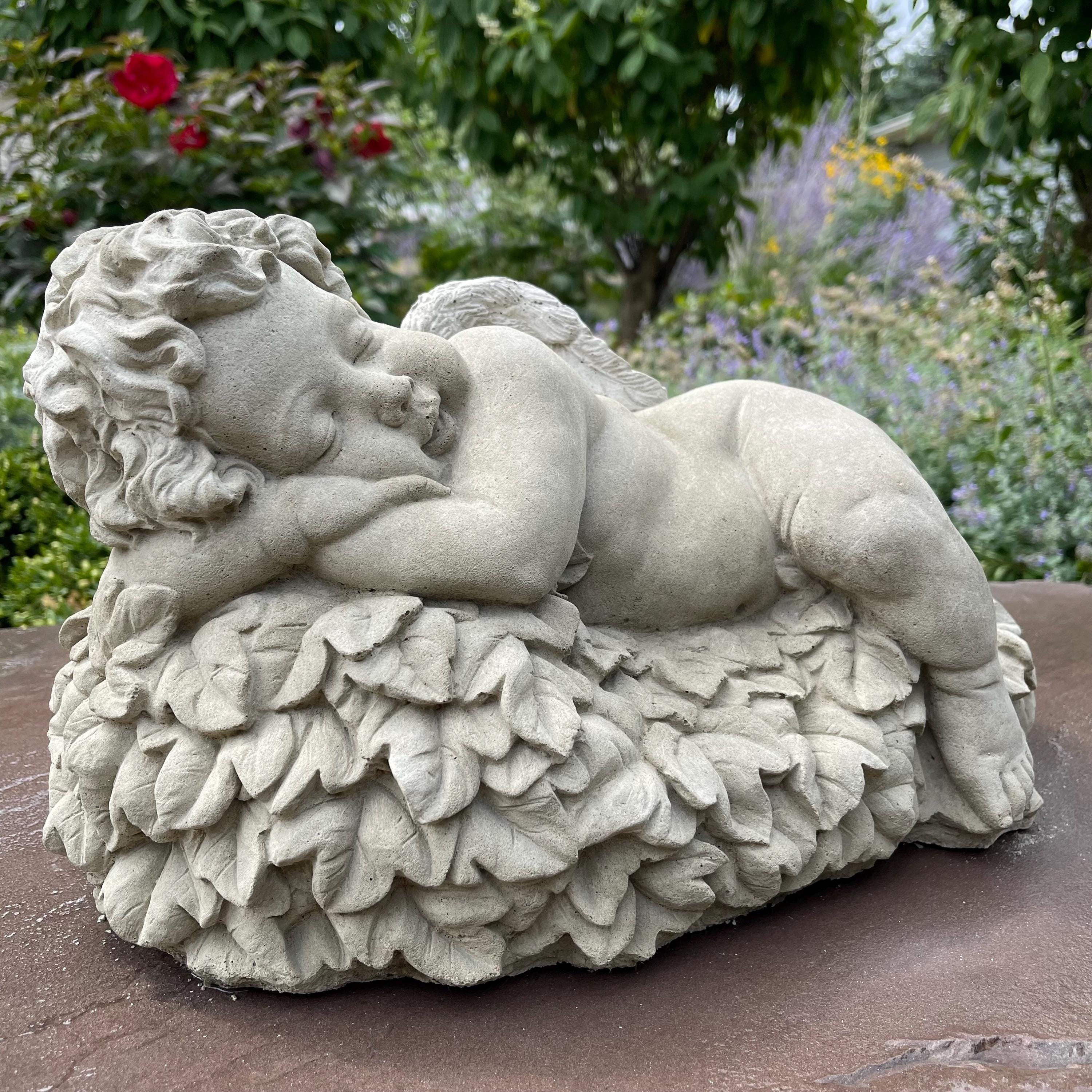 Large Concrete Sleeping Angel Statue on Leaves 17 inch Garden Sculpture Outdoor Memorial Yard Decor