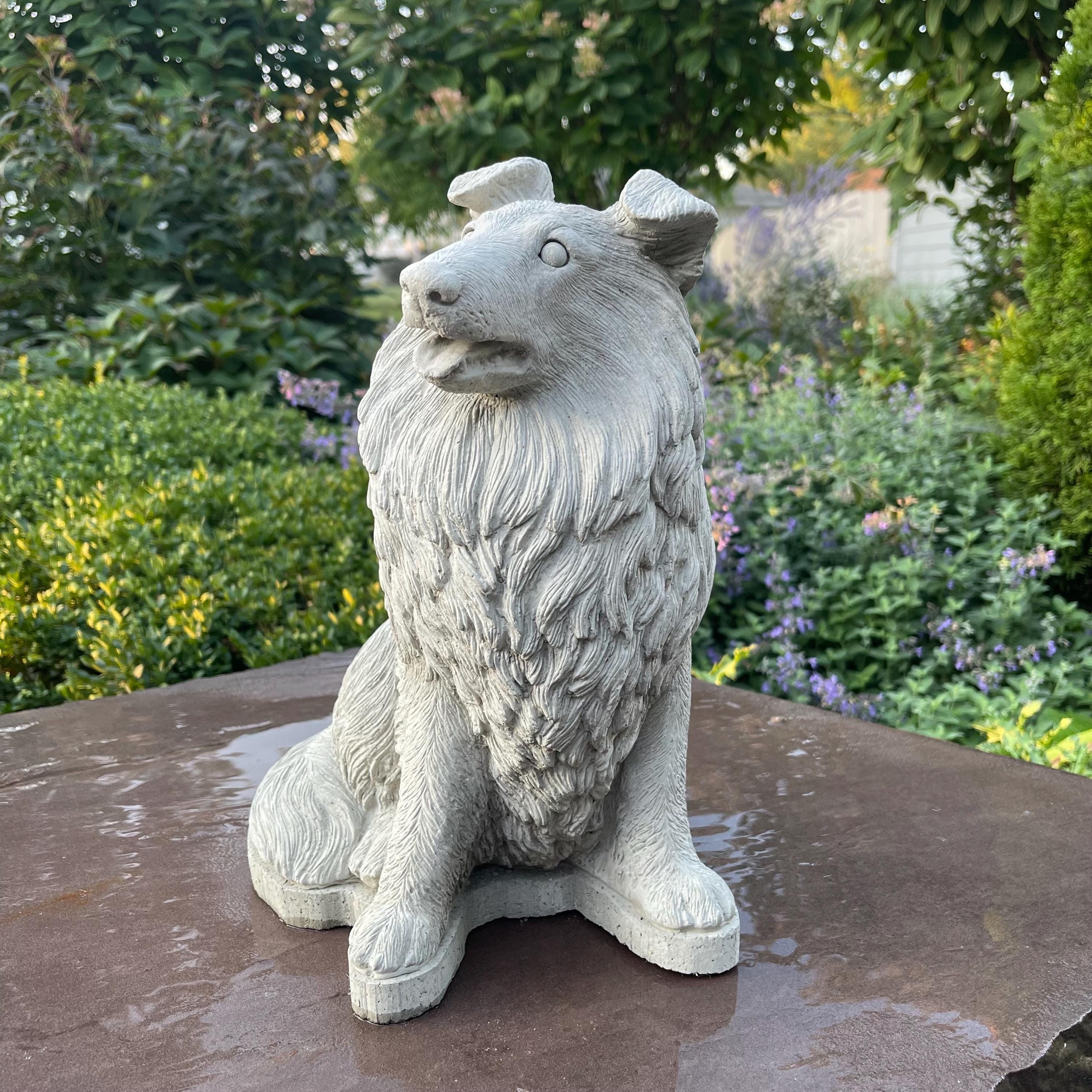 Concrete Border Collie Garden Statue 12.5" Sheltie Pet Memorial Sculpture Dog Yard Art Lawn Ornament Gift