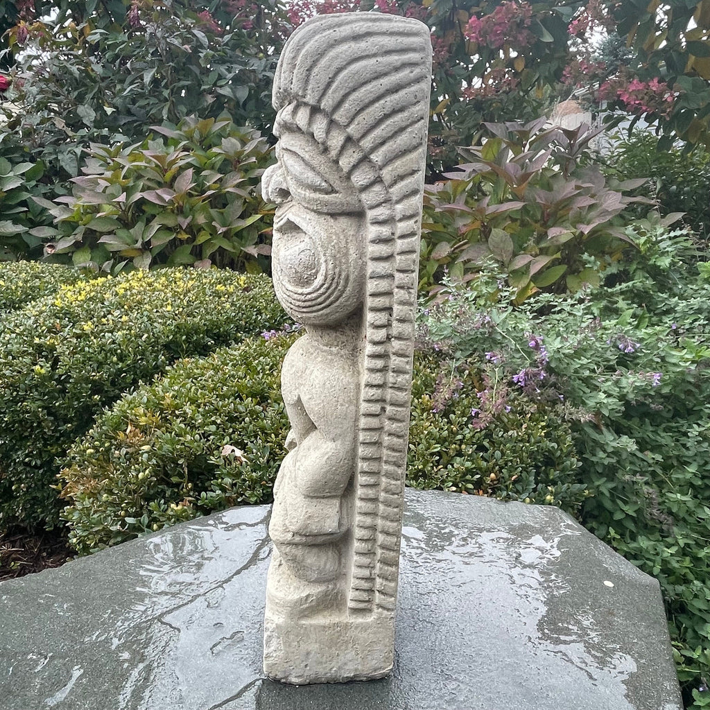 Tiki Tim Garden Statue: 15.5" Cast Stone Polynesian Decor Sculpture for Yard Art Outdoor Ornament