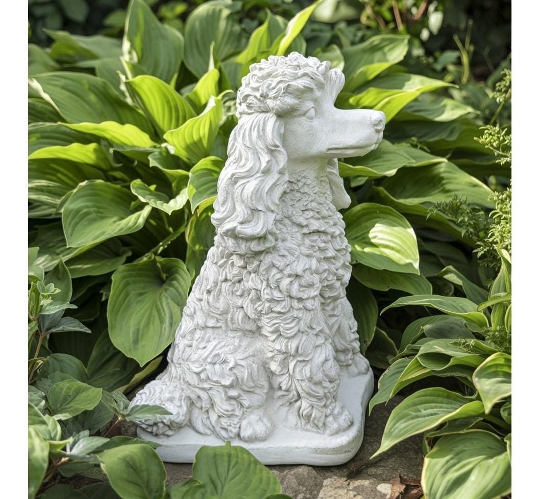 Handcrafted Concrete Poodle Garden Memorial Statue, 15 Inch Dog Sculpture