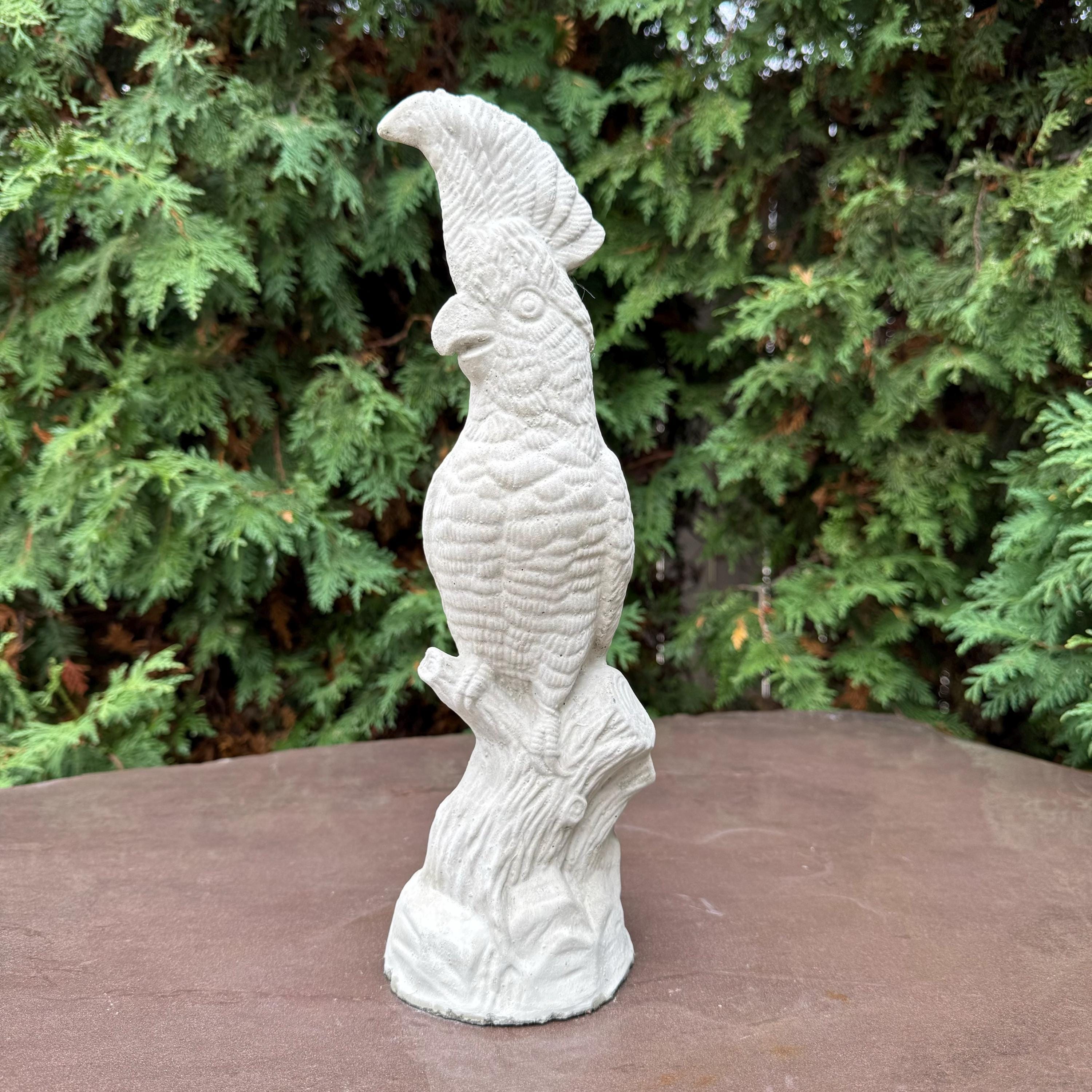 Cockatoo Bird Statue: 13 Inch Concrete Garden Sculpture Outdoor Parrot Decor