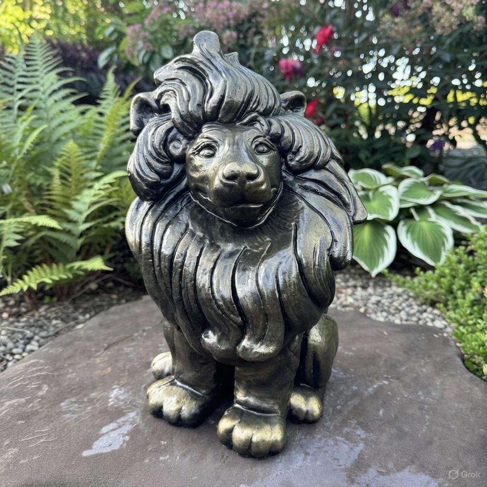 Guardian Lion Gift: 16" Concrete Garden Statue for Outdoor Feng Shui Protection & Yard Decor