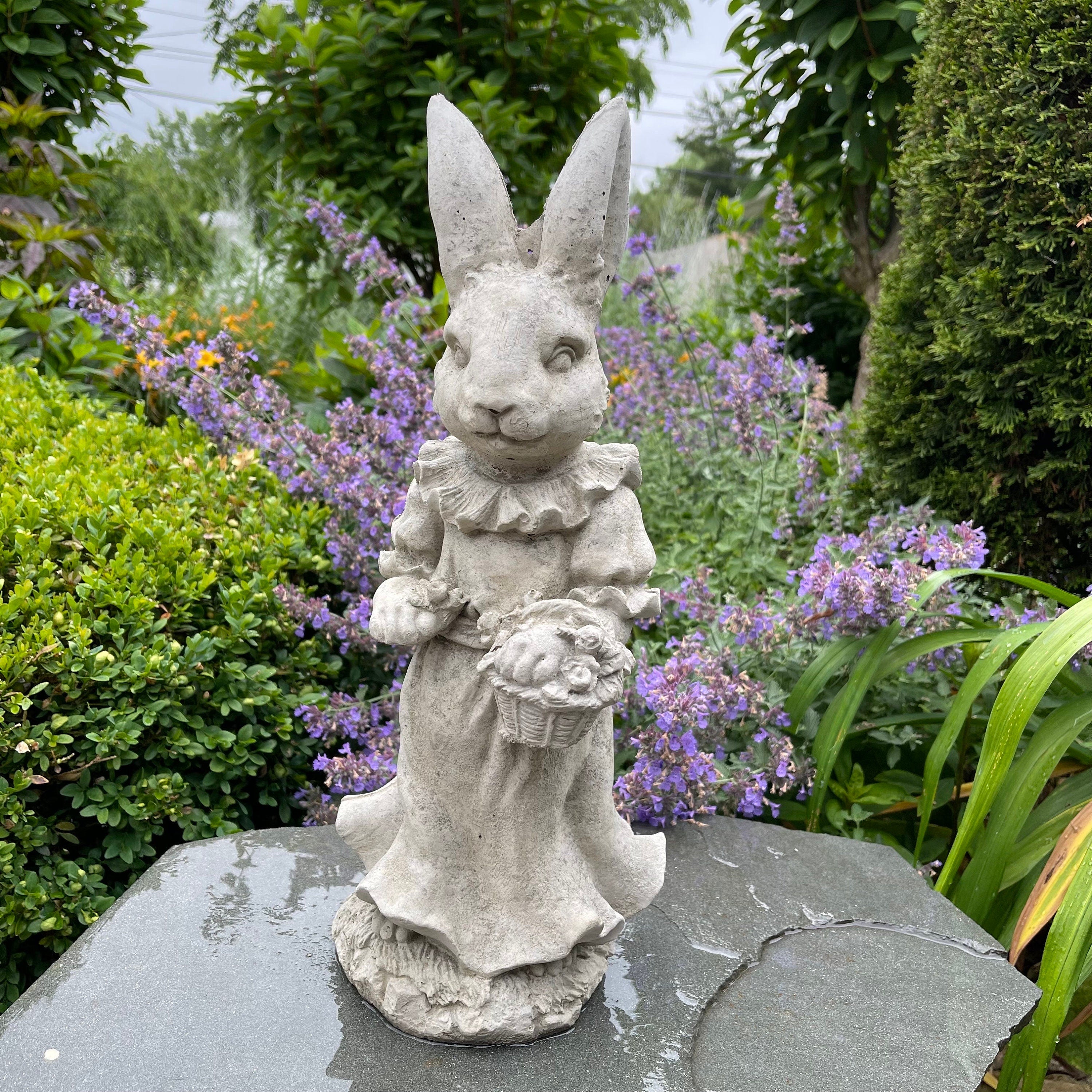 Large Lily Bobtail Concrete Rabbit Garden Statue 17"
