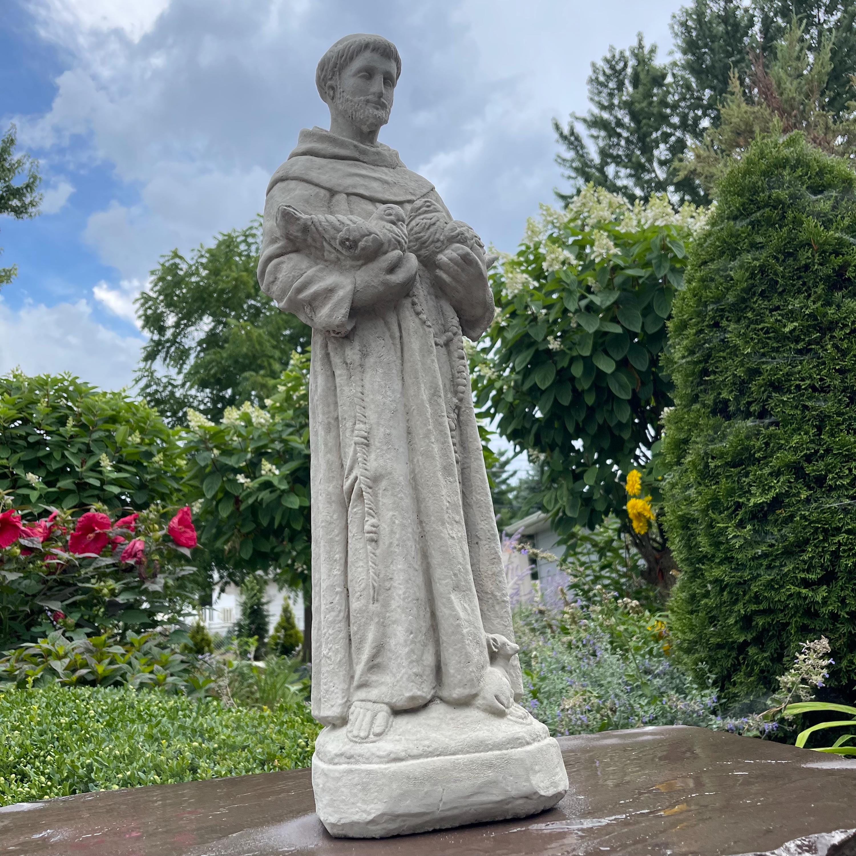 Concrete Saint Francis Statue with Birds 27" Catholic Garden Sculpture Assisi Yard Art Religious Decor
