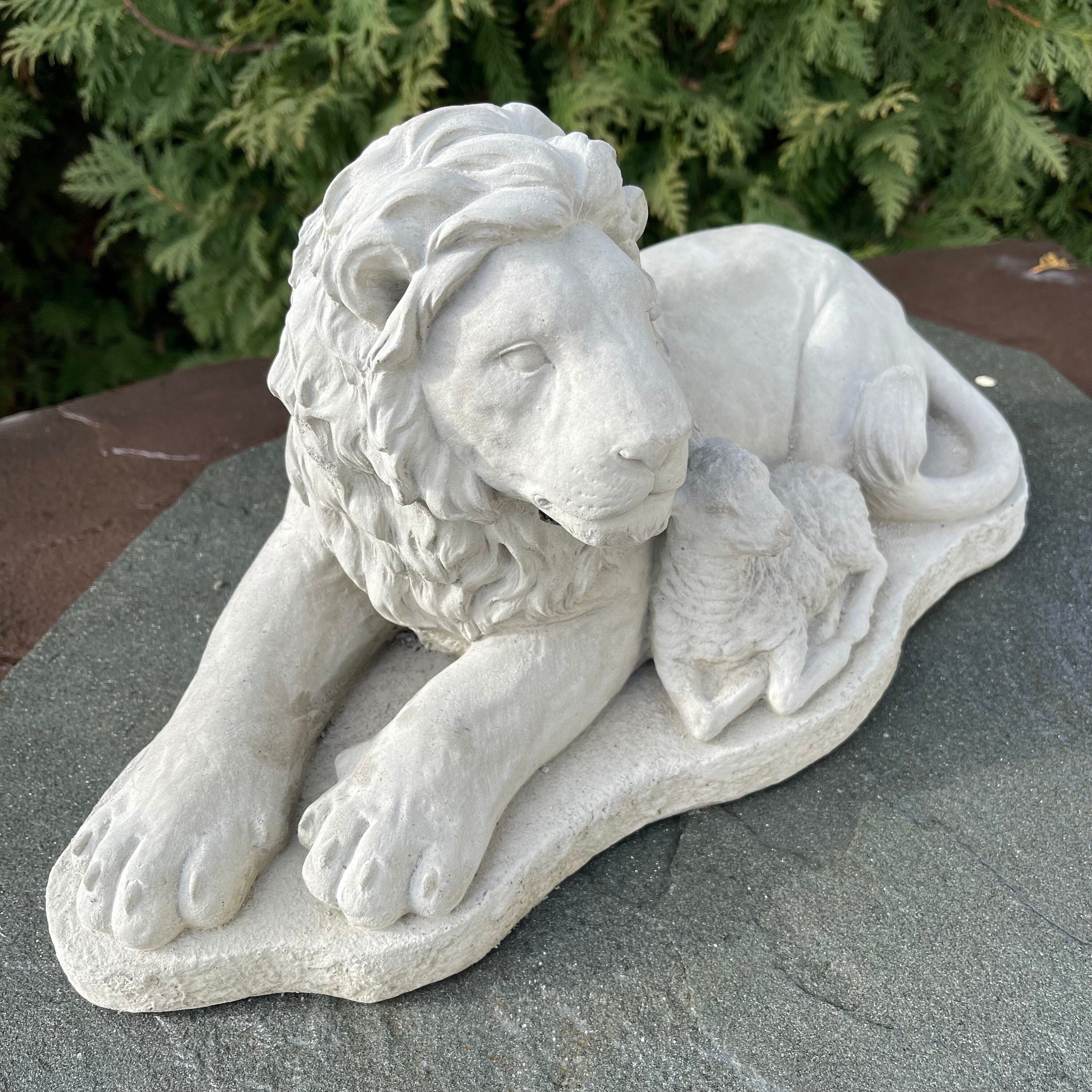 Biblical Lion Lamb Concrete Statue 15" Garden Sculpture Outdoor Religious Yard Decor Art
