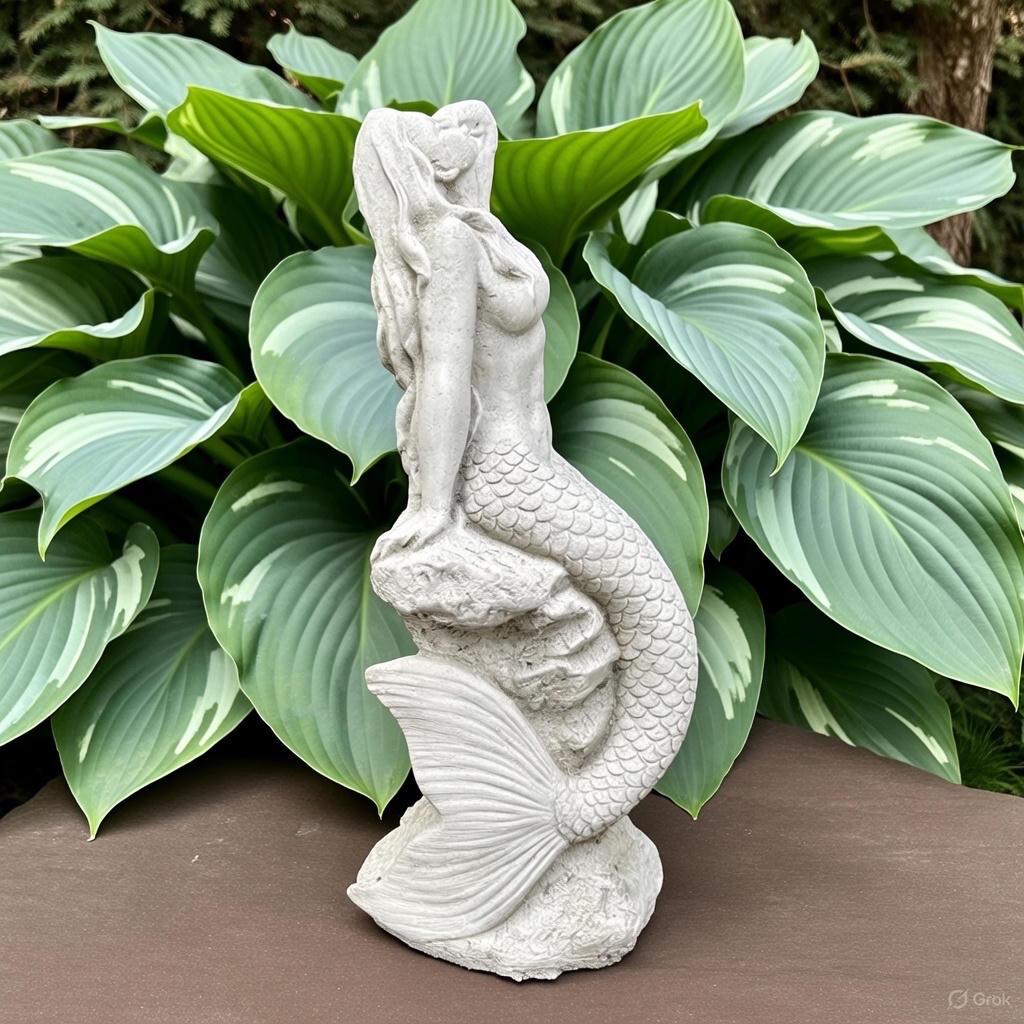 15 inch Concrete Mermaid Sculpture: Coastal Garden Statue Decor Ocean Themed Yard Art Lawn Ornament Gift