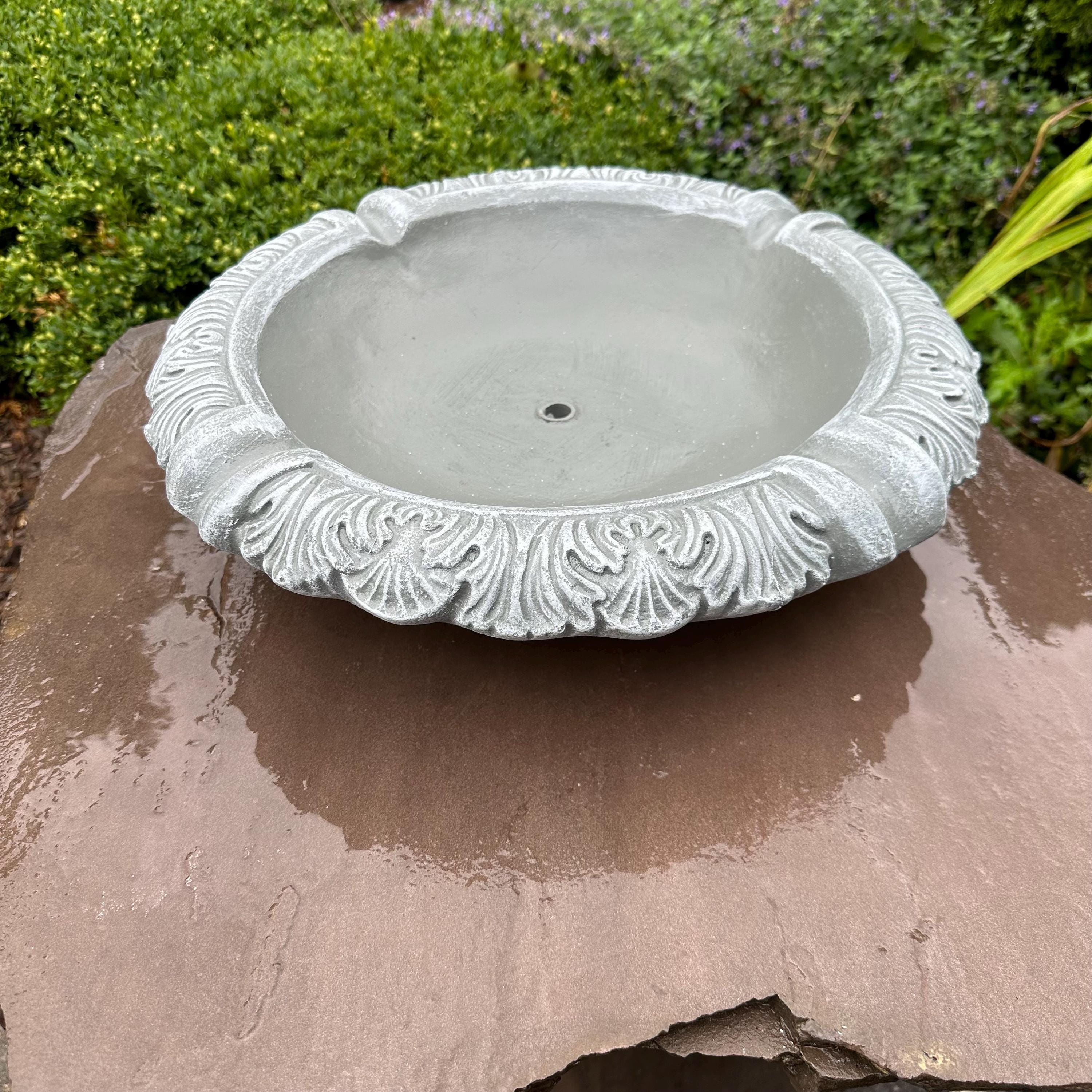 Concrete Fountain Bowl Top: 19" Leafy Garden Water Feature, Painted Cement Topper