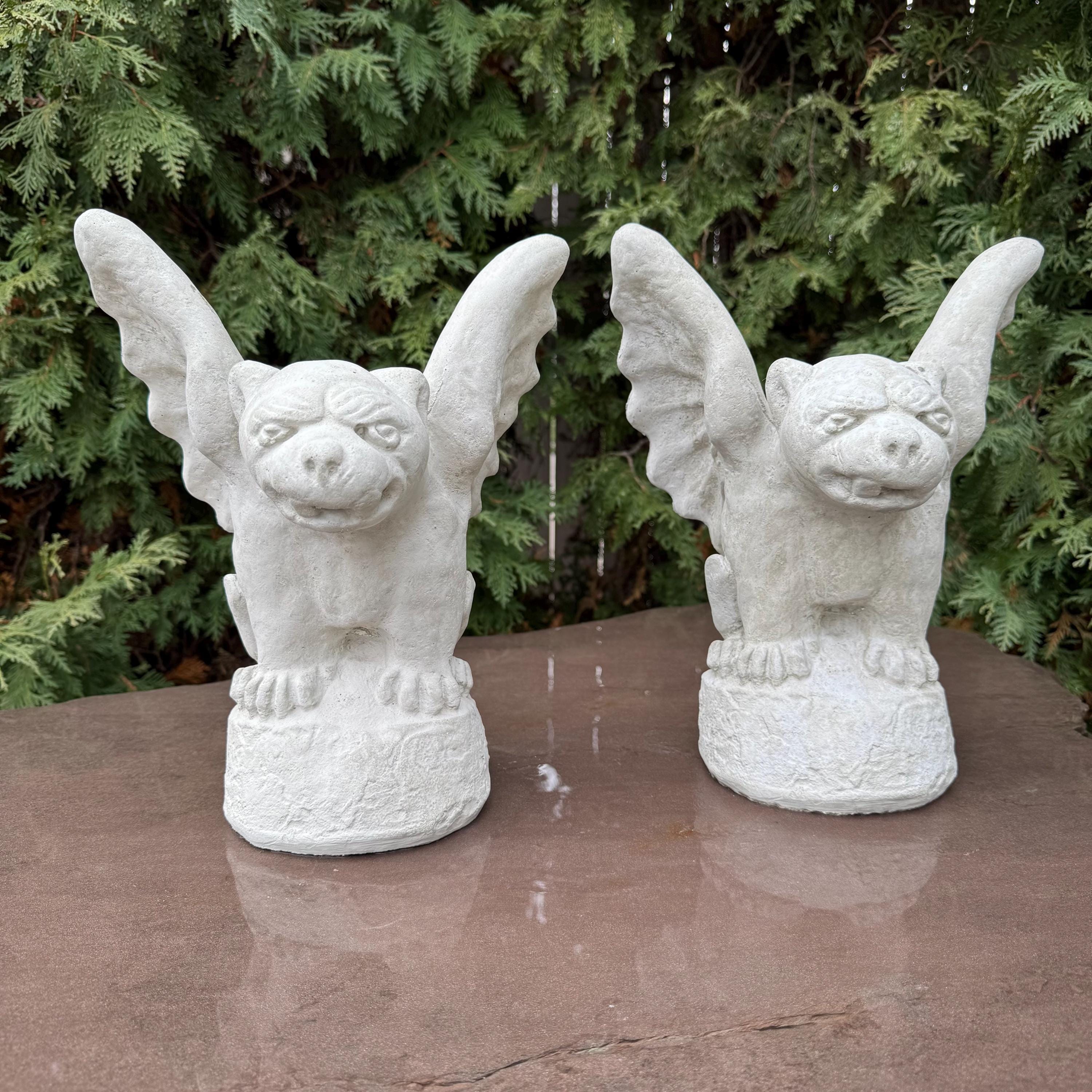 Gothic Gargoyle Garden Statue Pair 13" Concrete Halloween Yard Decor Winged Sculpture Ornament Gift