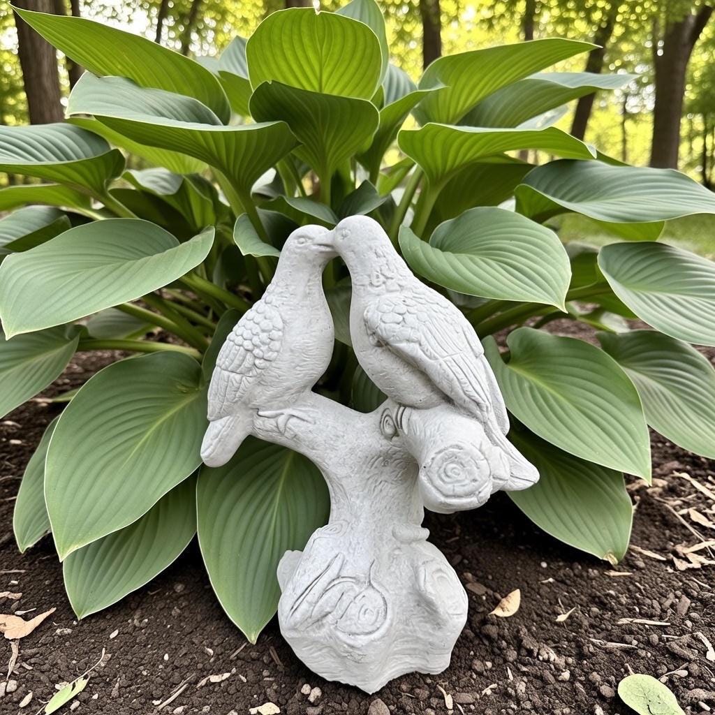 Whimsical Kissing Doves 15" Concrete Garden Statue - Painted Bird Art Outdoor Valentine's Day Gift