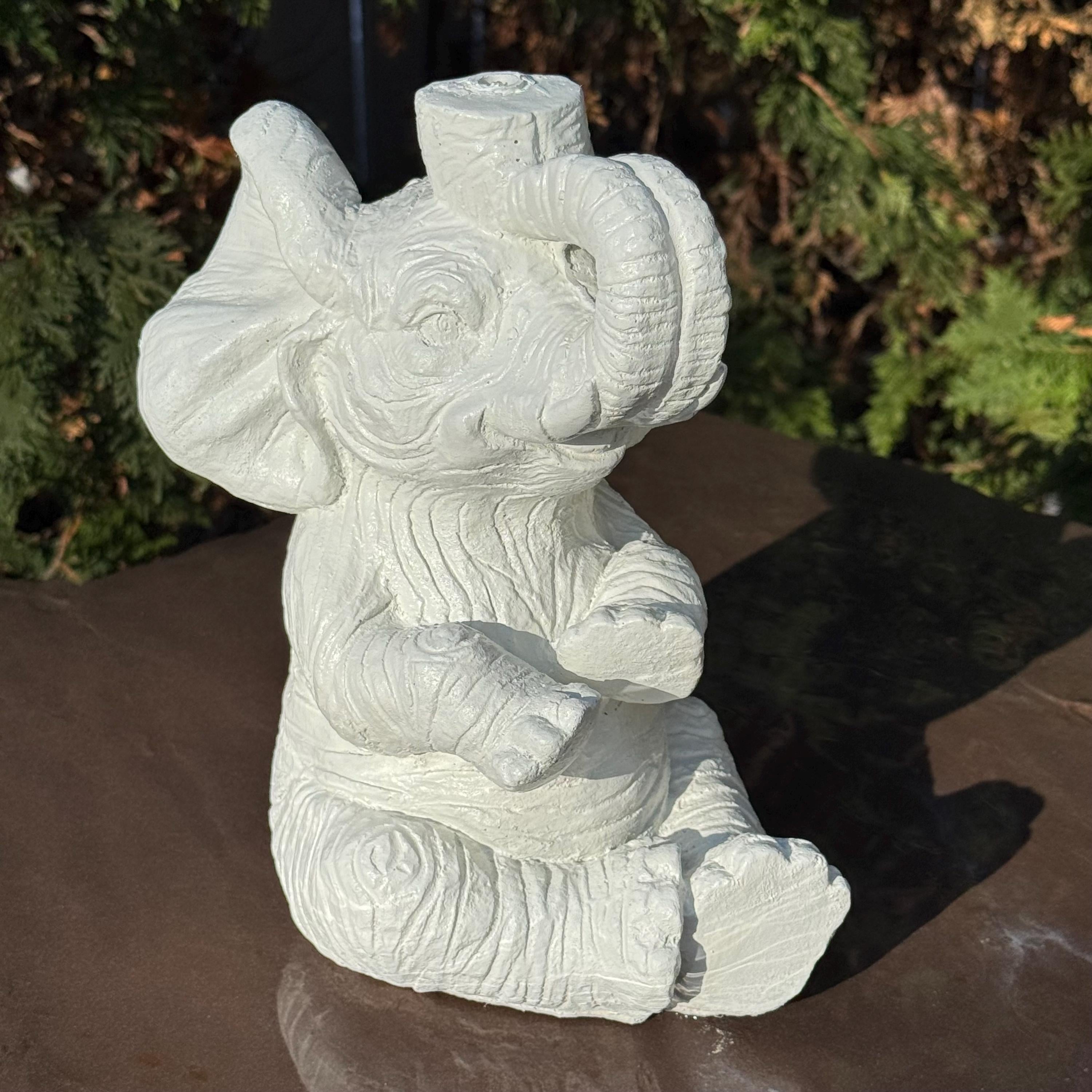 Concrete Elephant Garden Fountain Spout - 10 Inch Painted Water Feature Outdoor Statue Spitter