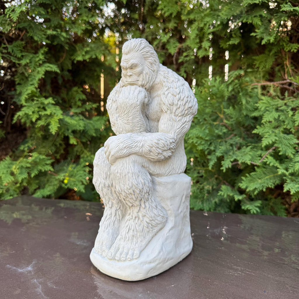 Concrete Bigfoot Statue: 12" Sitting Yeti Garden Sculpture in Thinker Pose, Outdoor Decor